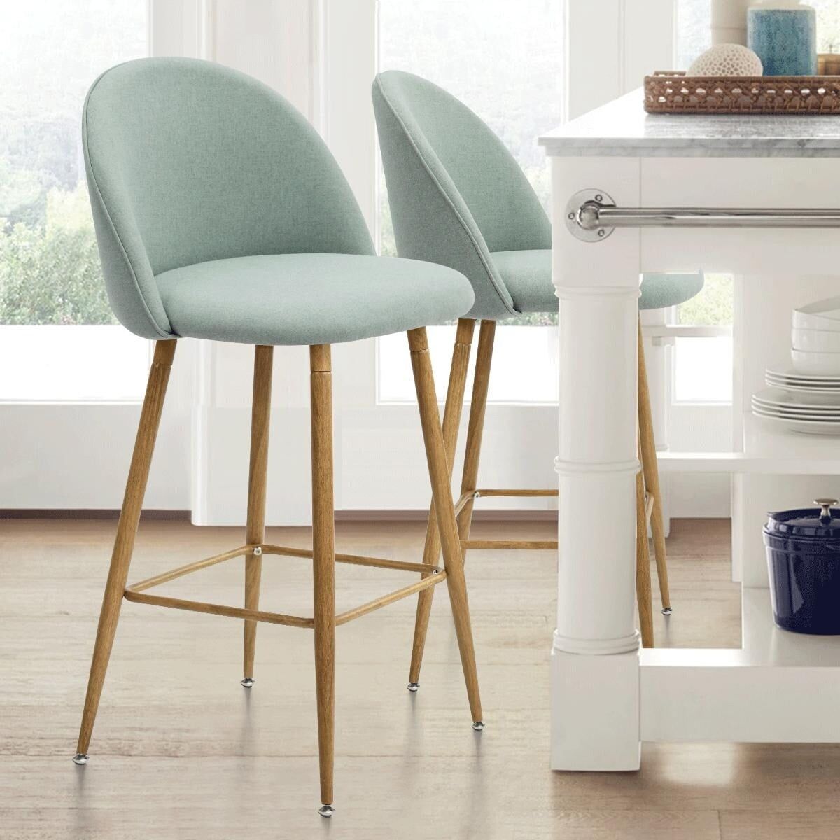 Beige Upholstered Adjustable Counter Stool Set with Wood Legs