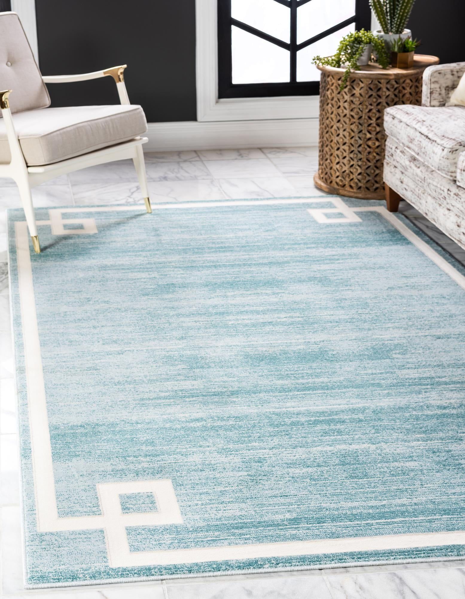 Turquoise and Ivory Rectangular Stain-Resistant Synthetic Rug 4' x 6'