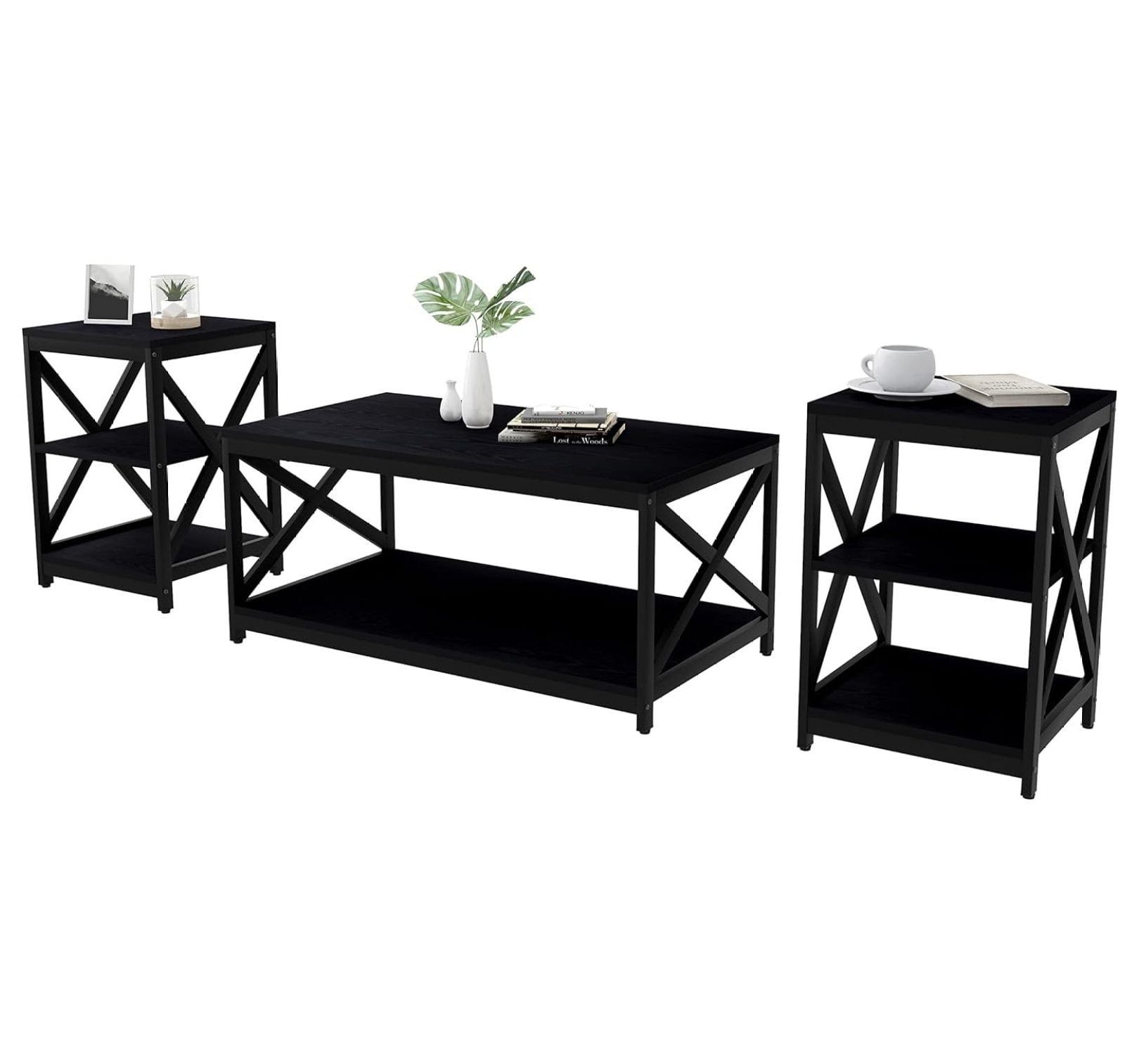 Black Modern 3-Piece Coffee Table and End Tables Set with Storage