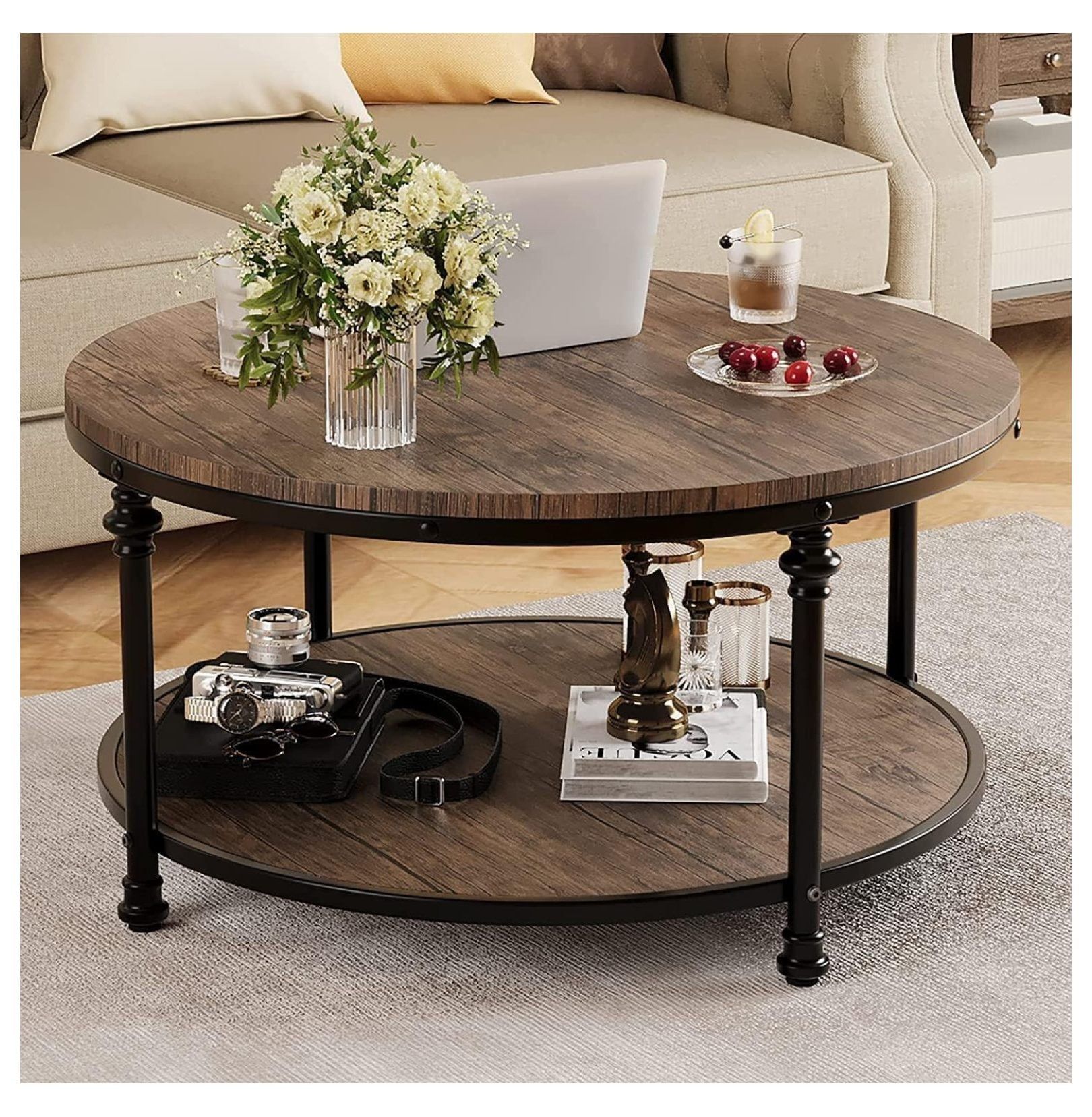 Light Walnut Round Coffee Table with Metal Roman Column Legs