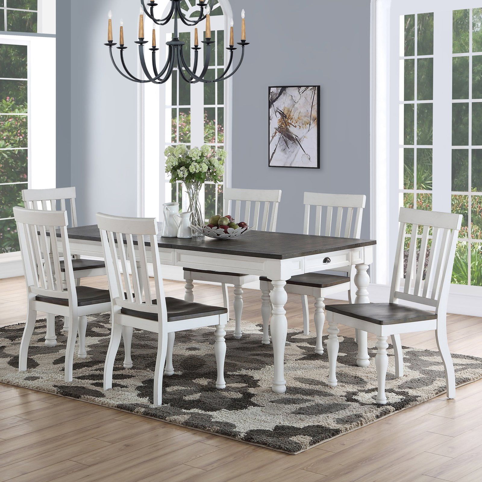 Joanna Farmhouse Chic 7-Piece Dining Set in Ivory and Dark Oak