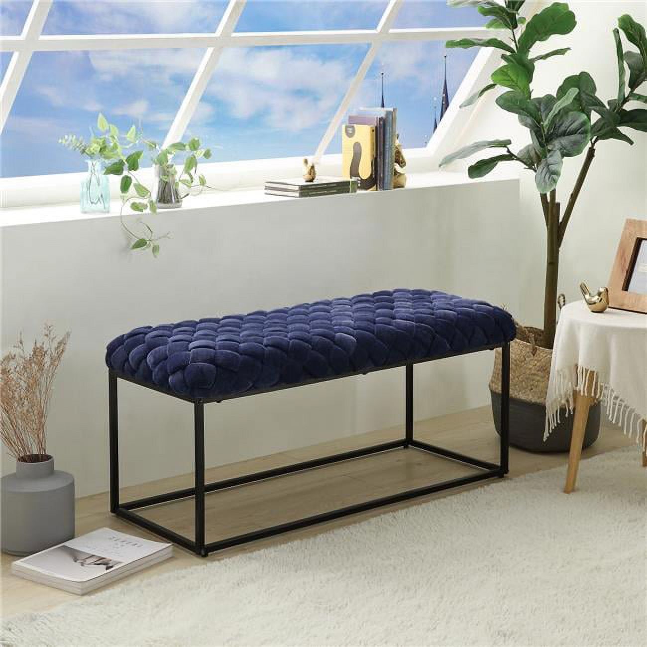 Joaquin Navy Blue Velvet Hand-Woven Rectangular Bench