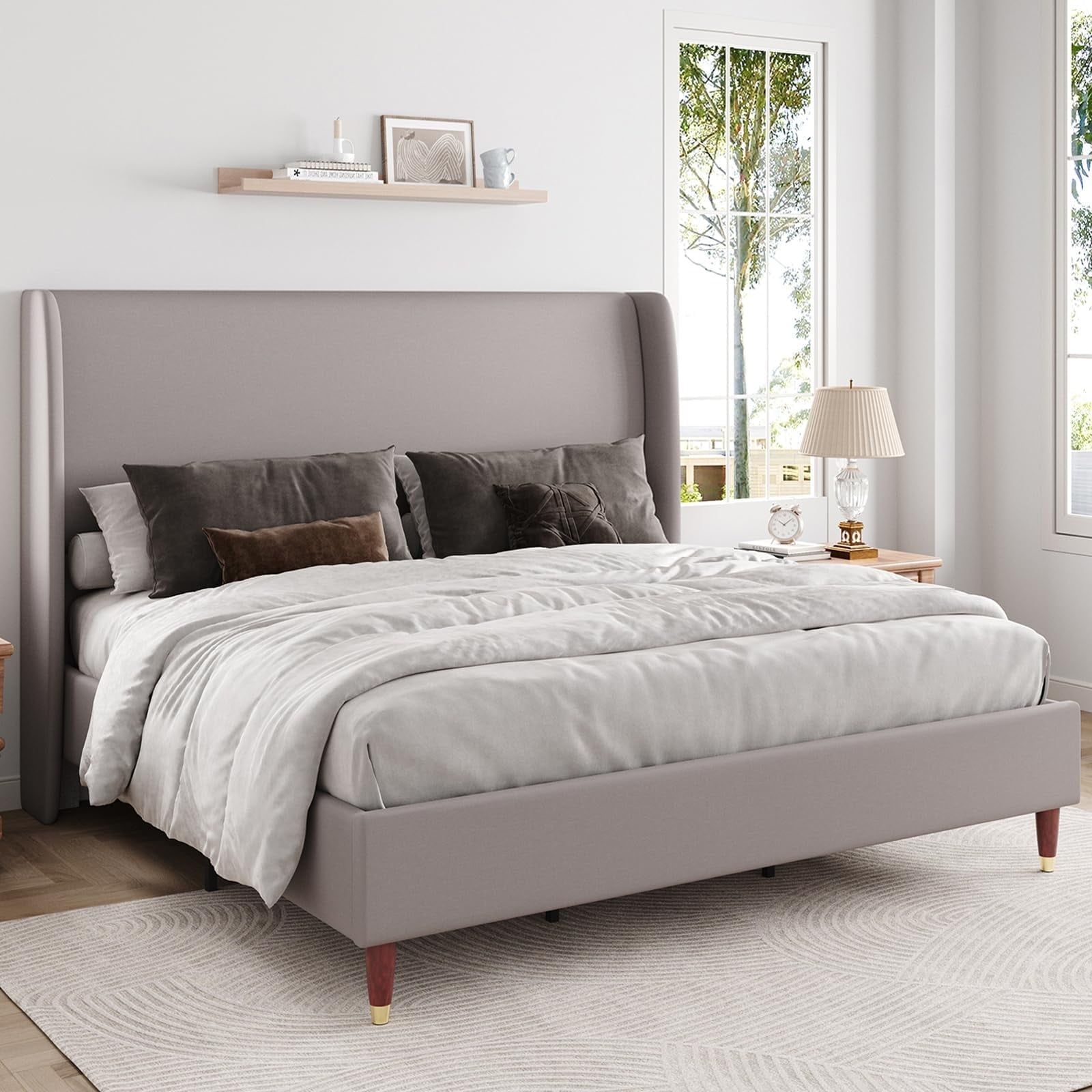 Light Grey Full Upholstered Bed Frame with Wingback Headboard