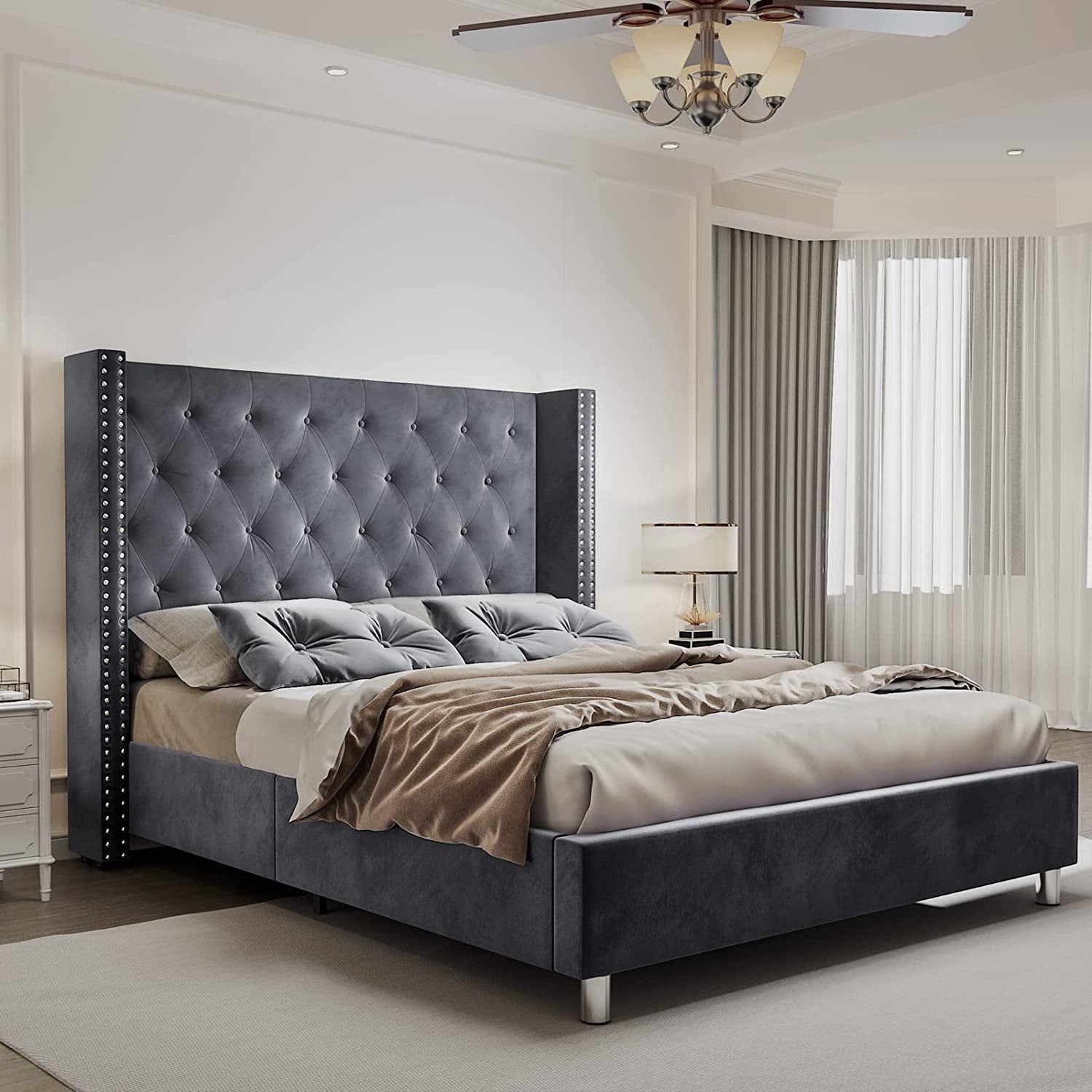 King Velvet Upholstered Platform Bed with Tufted Headboard and Nailhead Trim