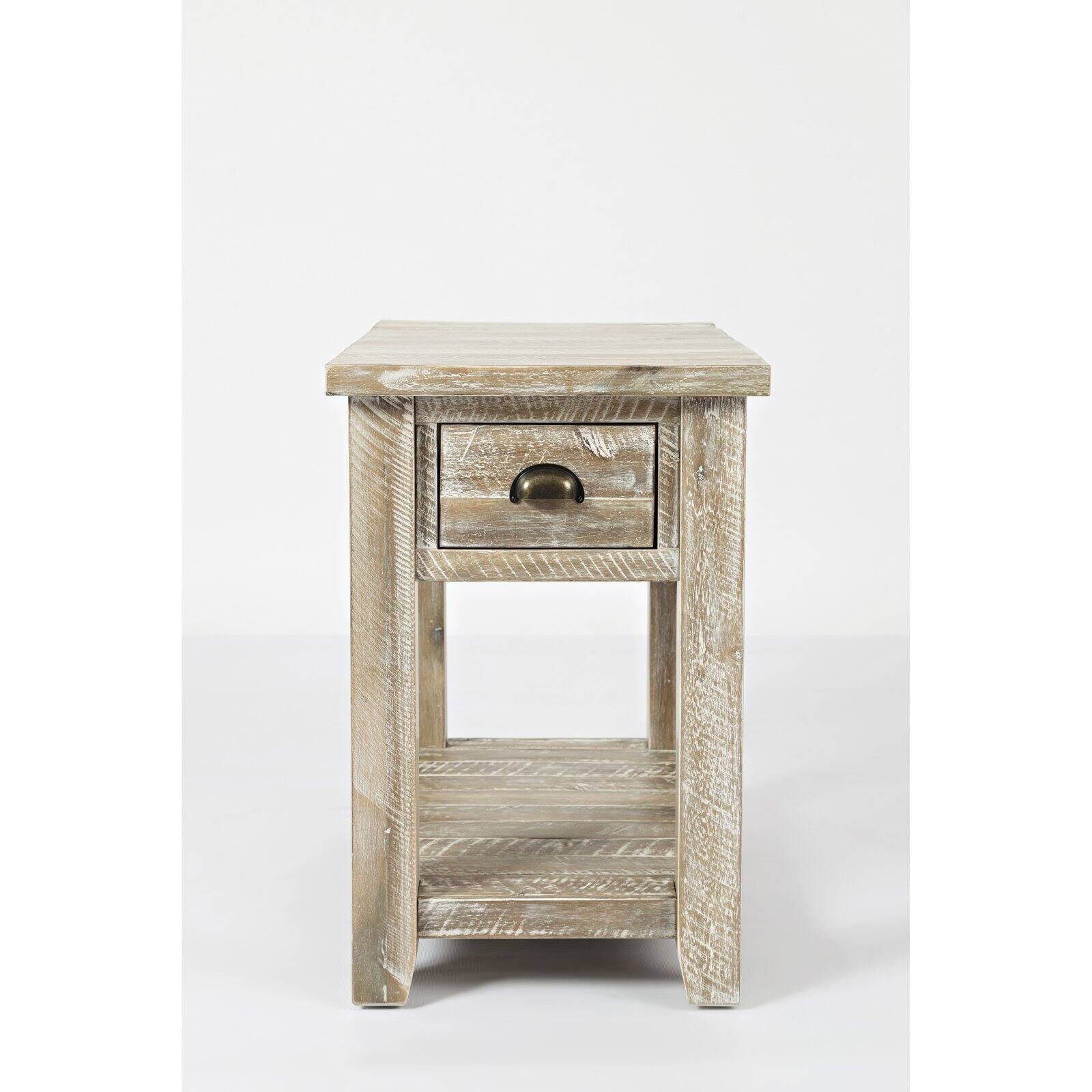 Rustic Gray Brown Acacia Chairside Table with Storage