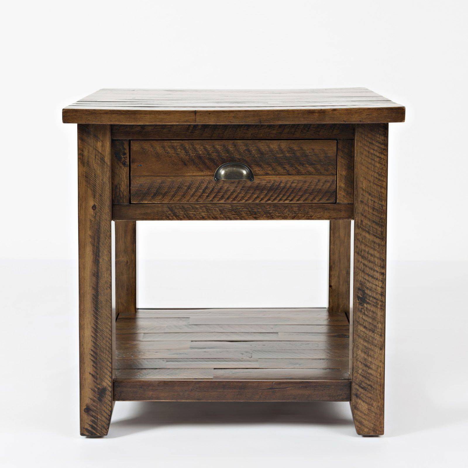 Rustic Brown Acacia Wood End Table with Storage