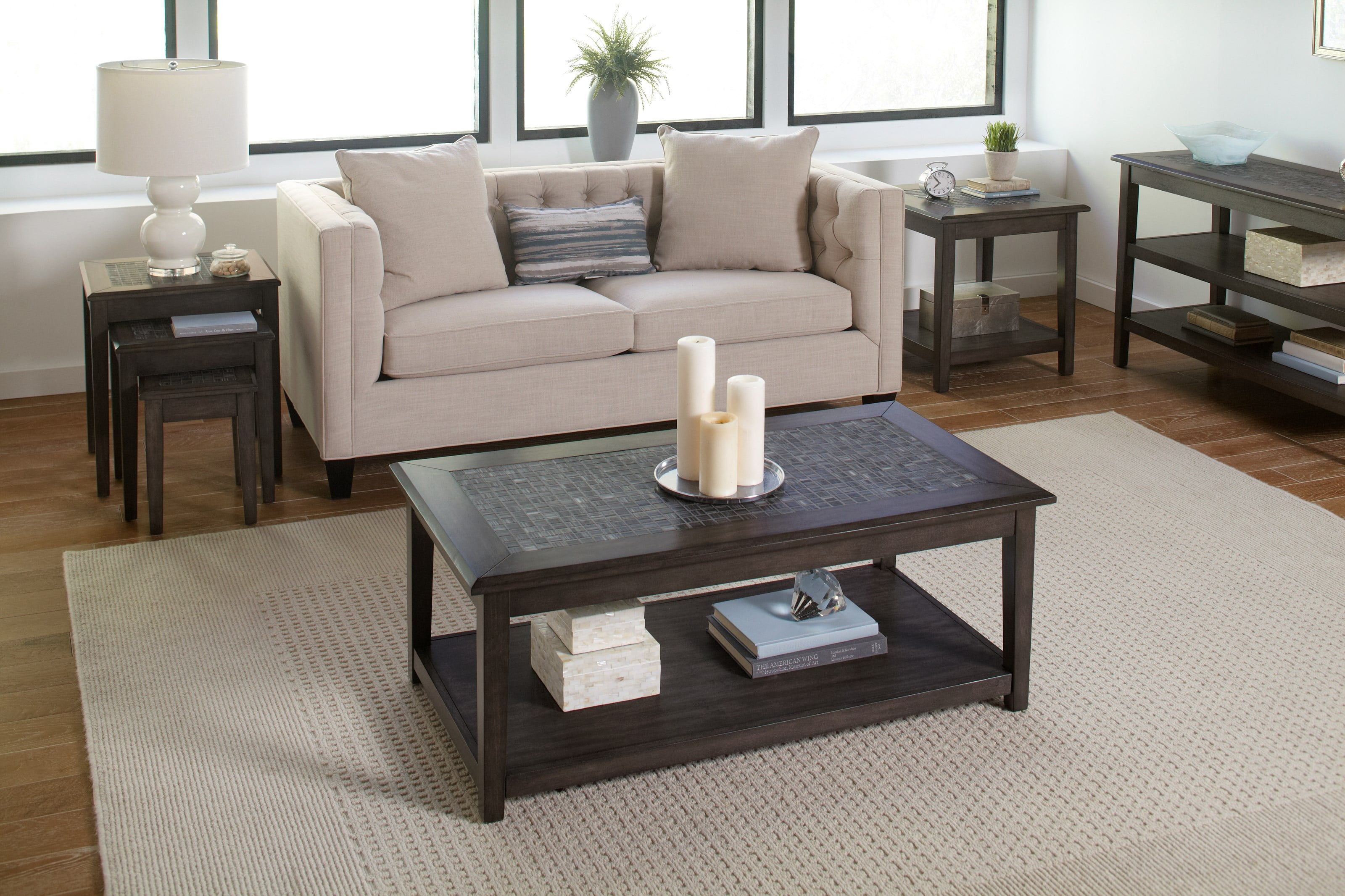 Gray Wood and Stone Rectangular Sofa Table with Storage