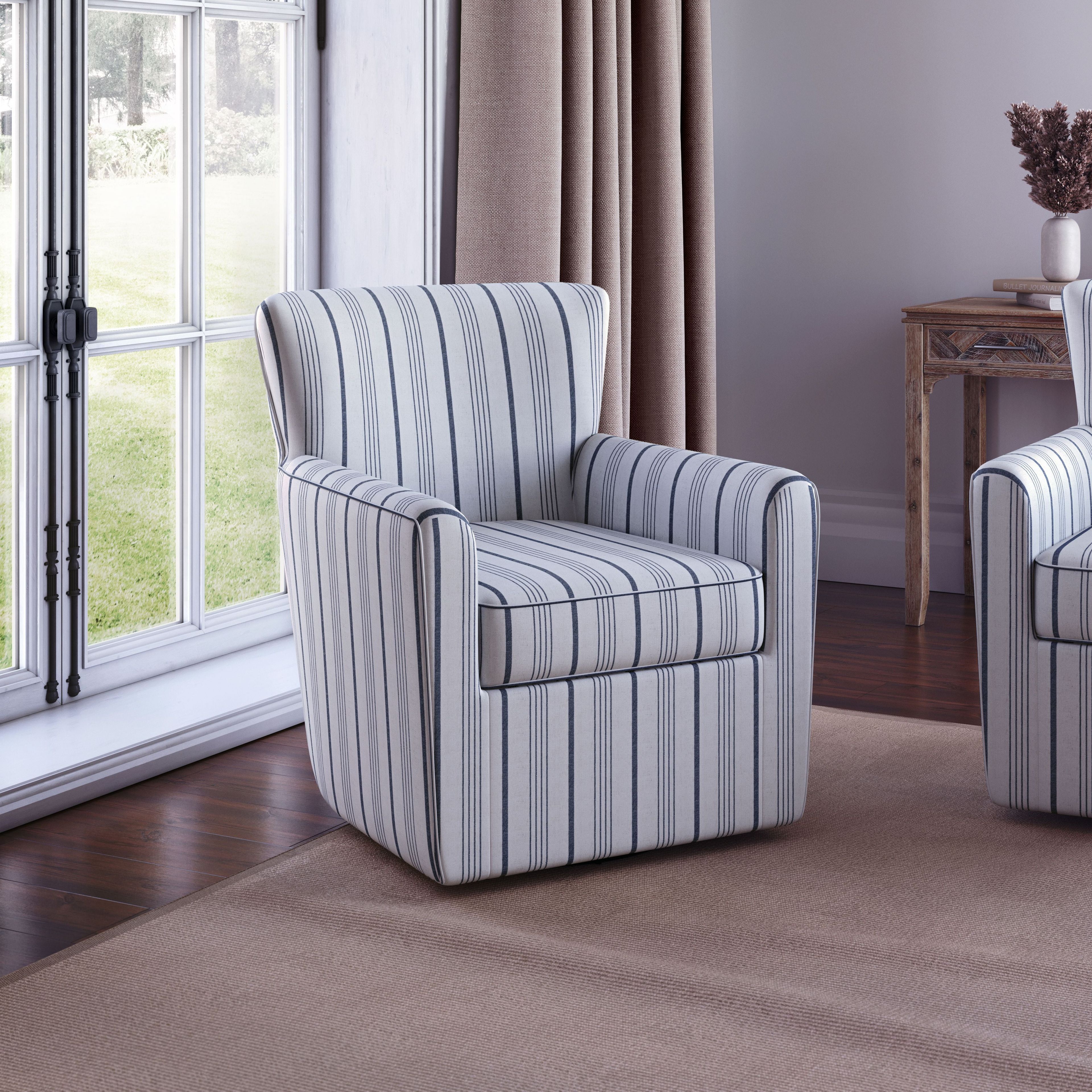 Blakely Blue Stripe Contemporary Swivel Accent Chair