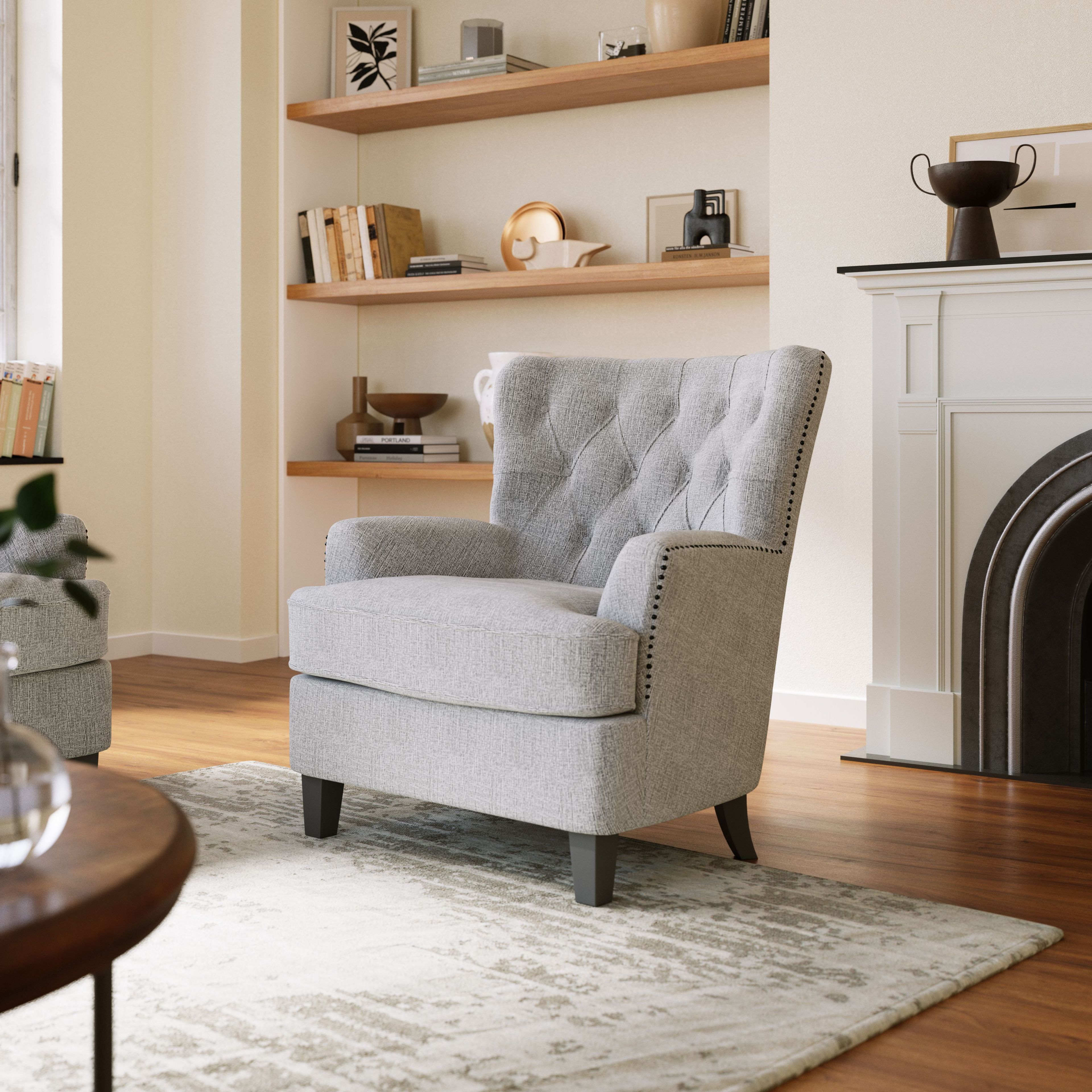 Gray Ash Upholstered Accent Chair with Nailhead Trim