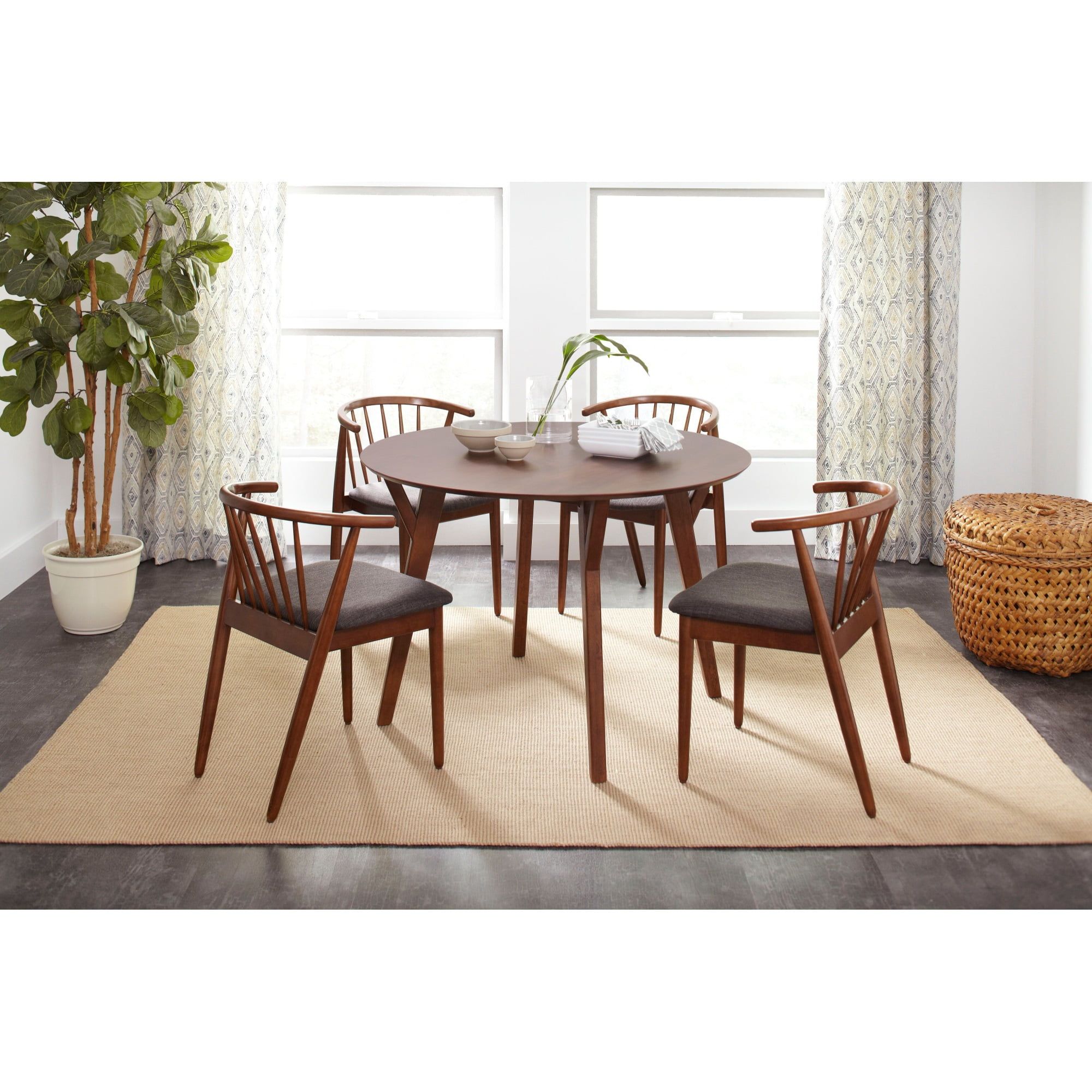 Copenhagen 44" Round Walnut Mid-Century Modern Dining Set with 4 Chairs