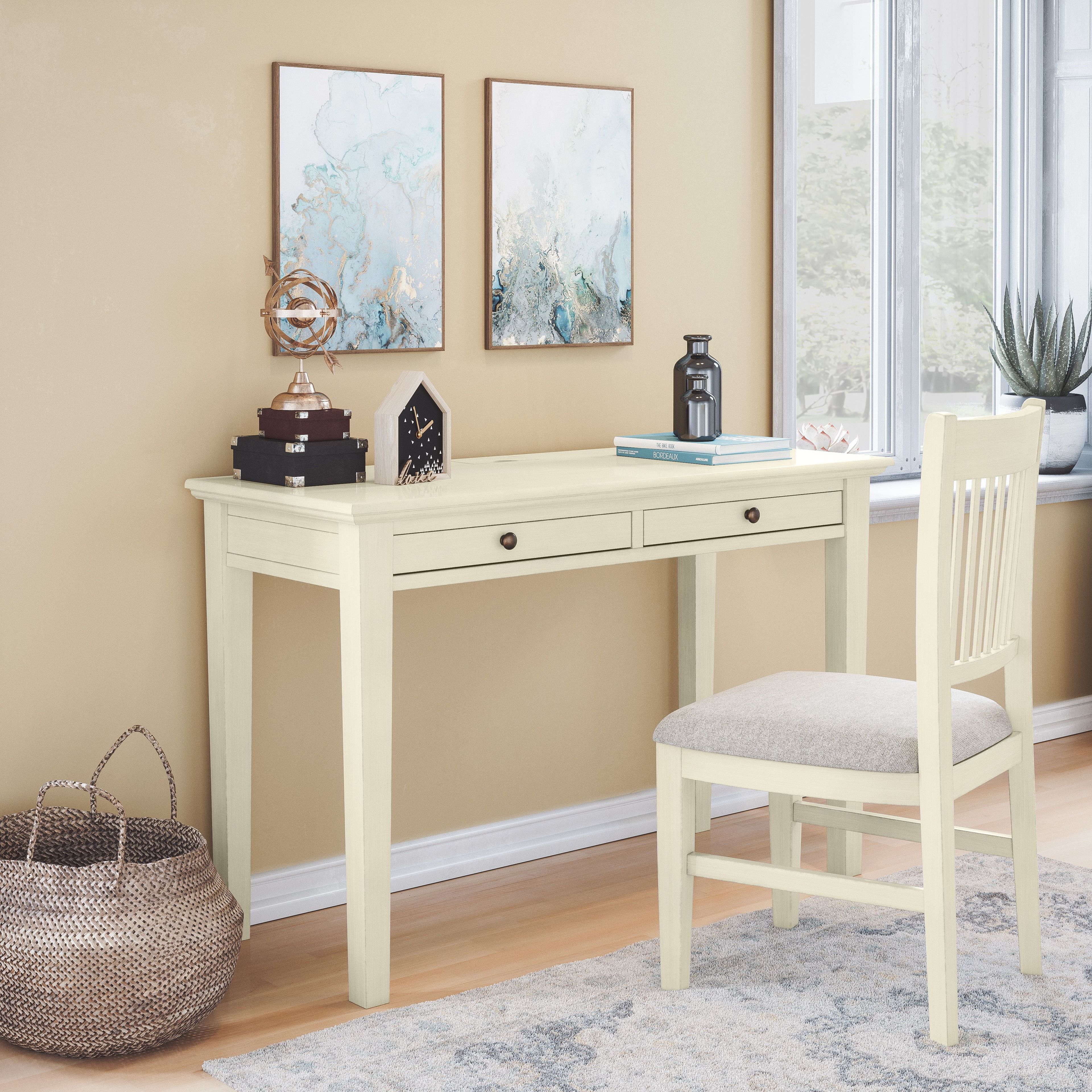 Antique Cream Wood Desk with Drawer, Power Outlet, and USB Port