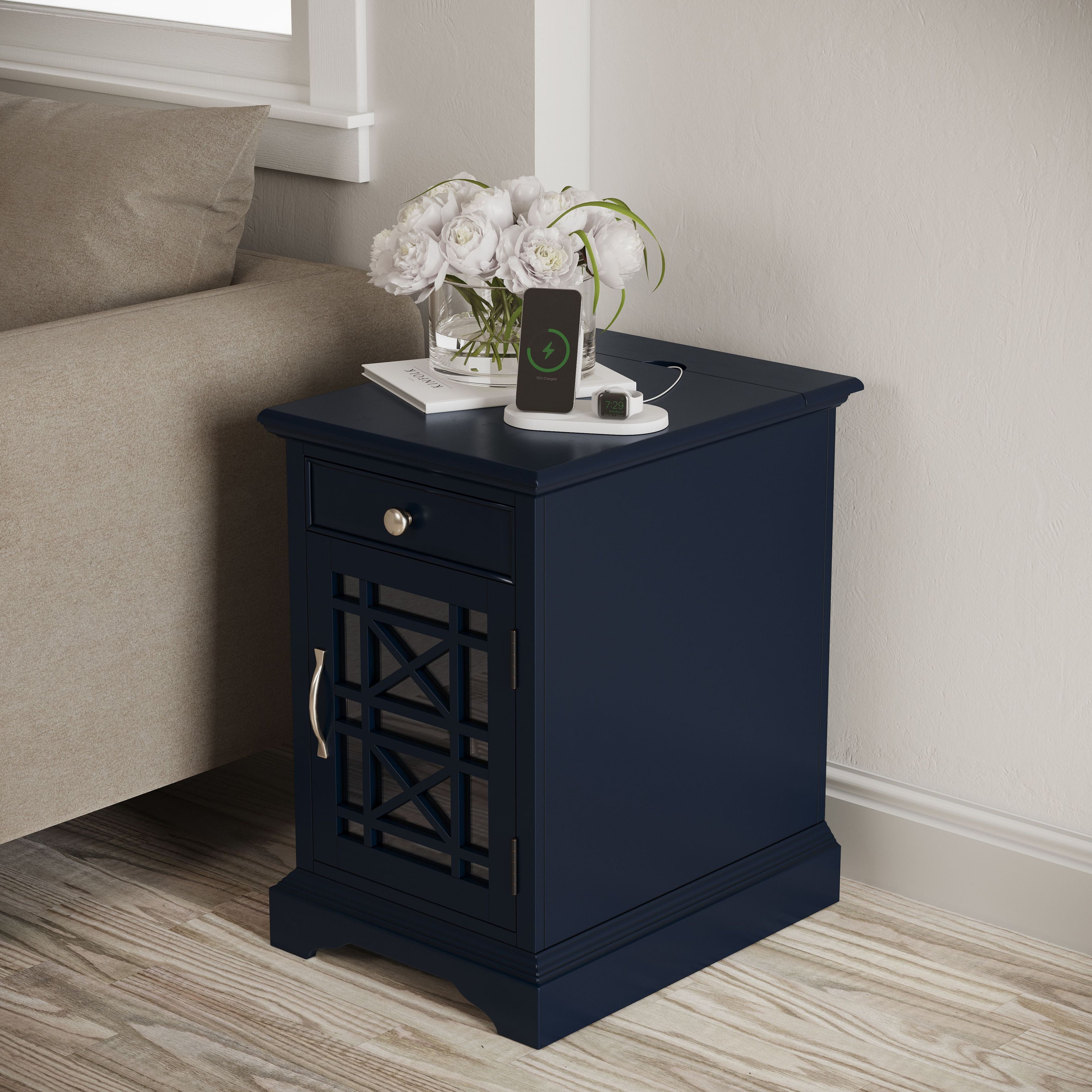 Navy Blue Wood and Glass Rectangular End Table with Storage