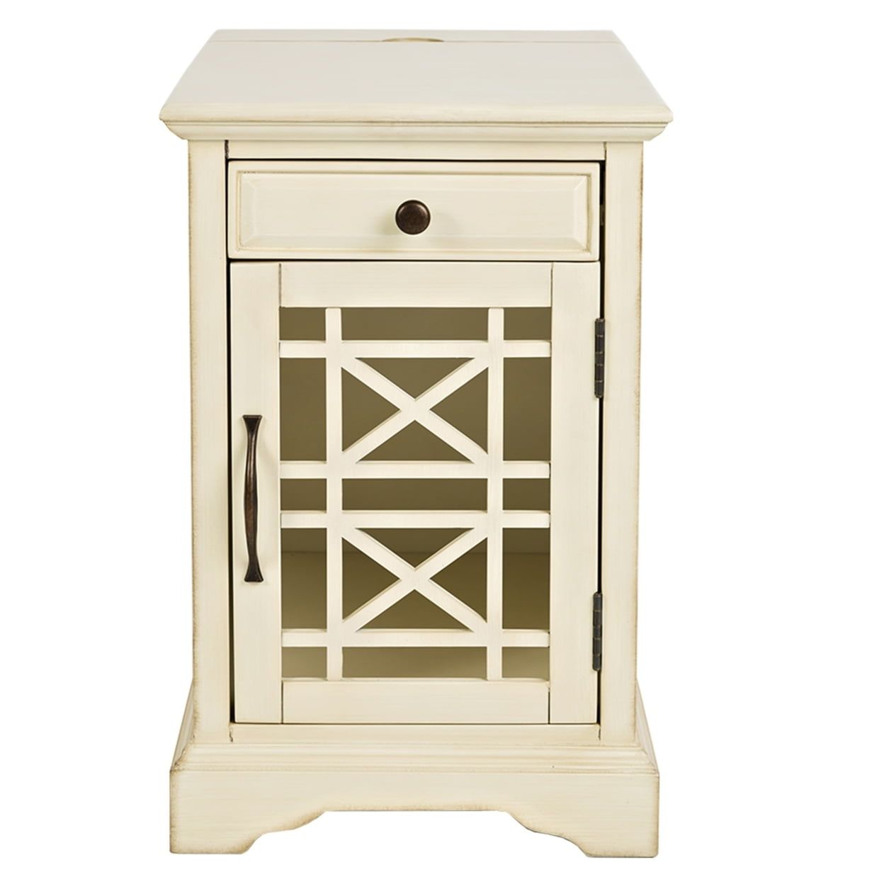 Transitional Cream Wood & Glass Chairside Table with USB Charging