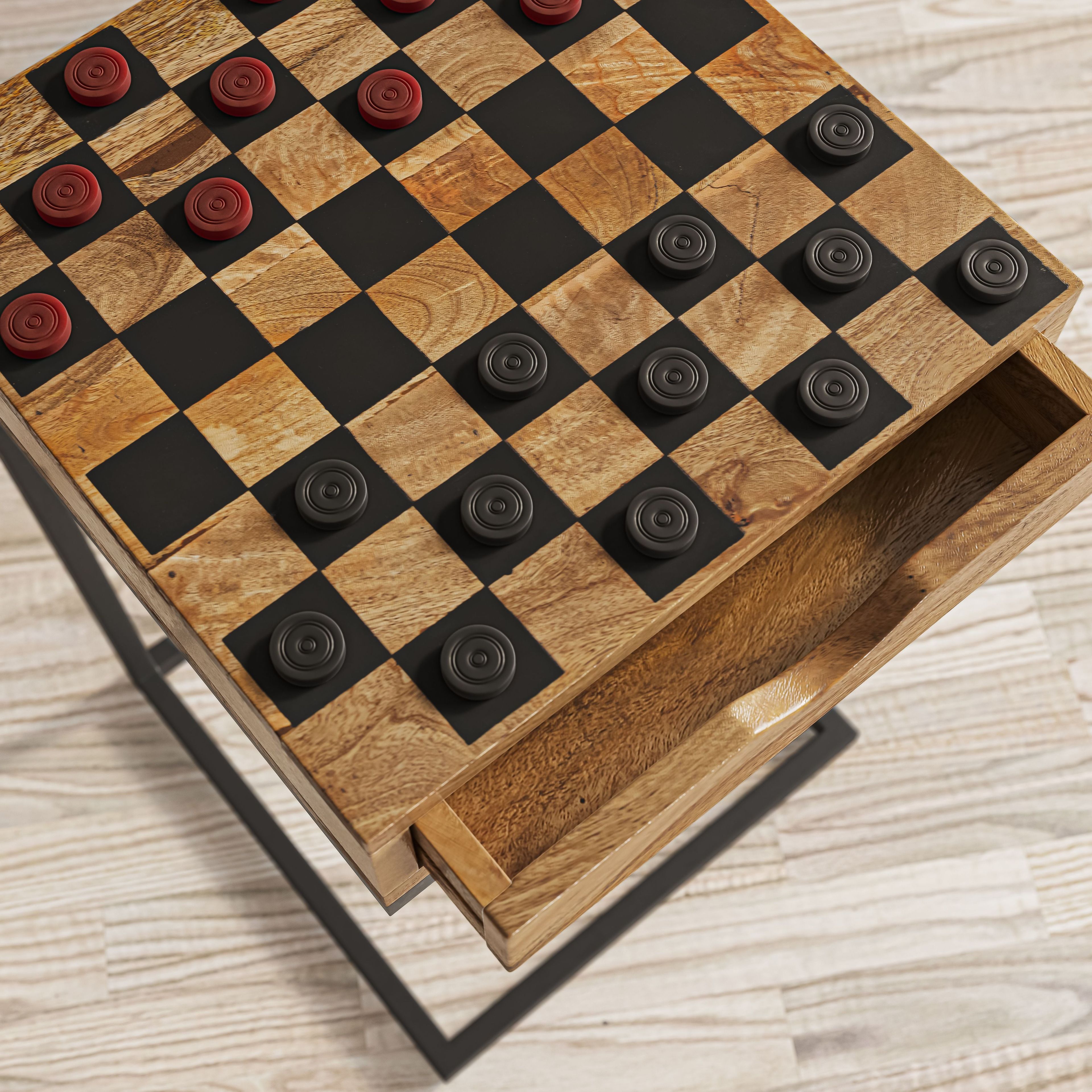 Handcrafted Industrial Brown Square C-Table with Checkerboard & Storage