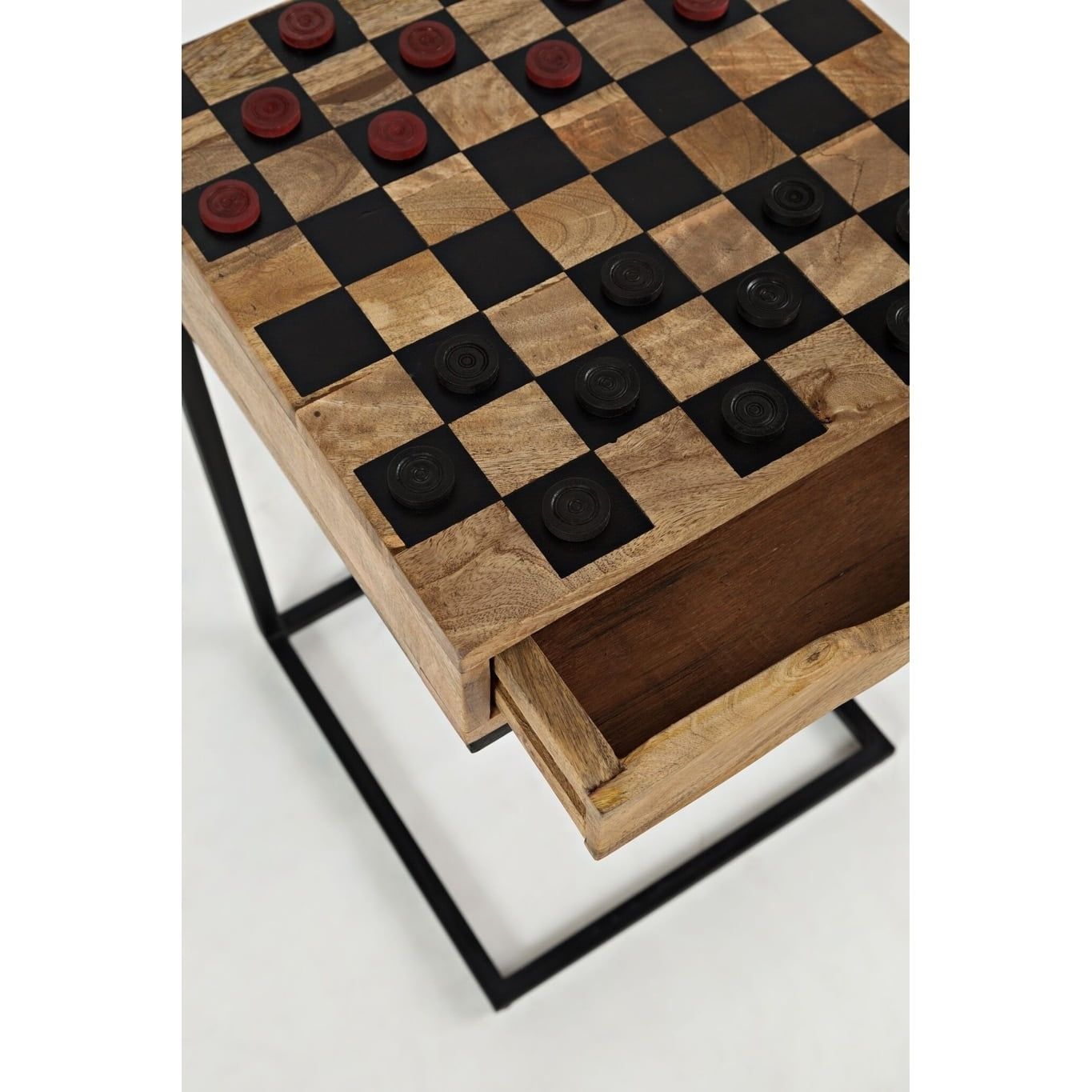 Handcrafted Industrial Brown Square C-Table with Checkerboard & Storage