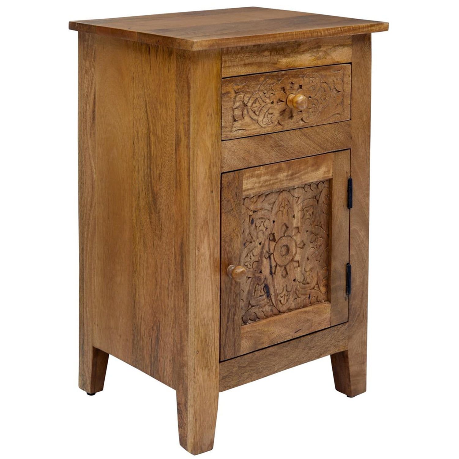 Traditional Hand-Carved Mango Wood Metal Accent Table with Storage