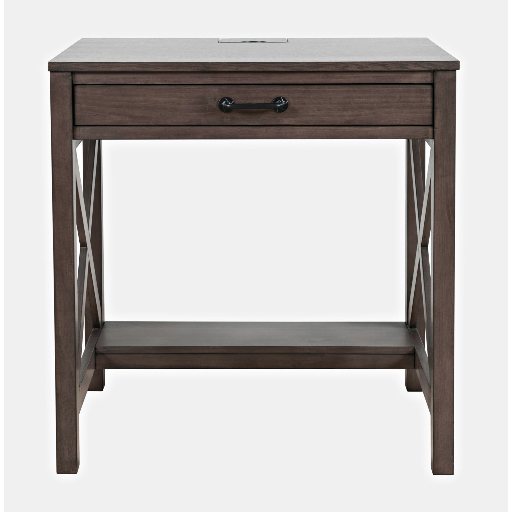 Transitional Hobson Desk with USB Charging Ports and Drawer in Gray/Brown