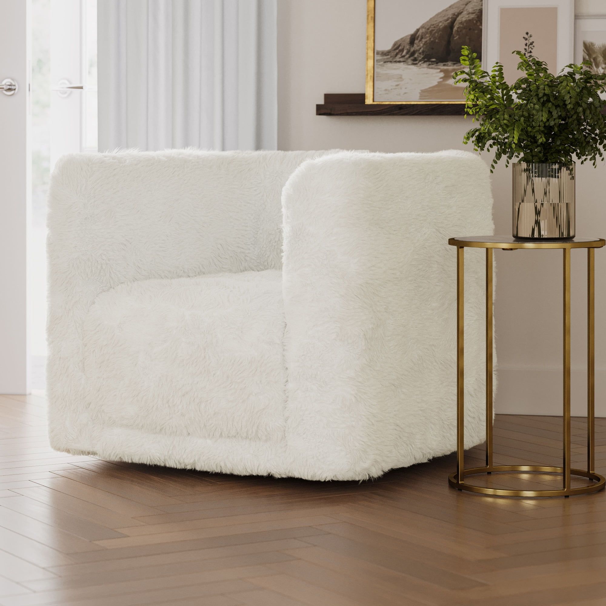 Huggy 33'' White Faux Fur Mid-Century Modern Swivel Accent Chair