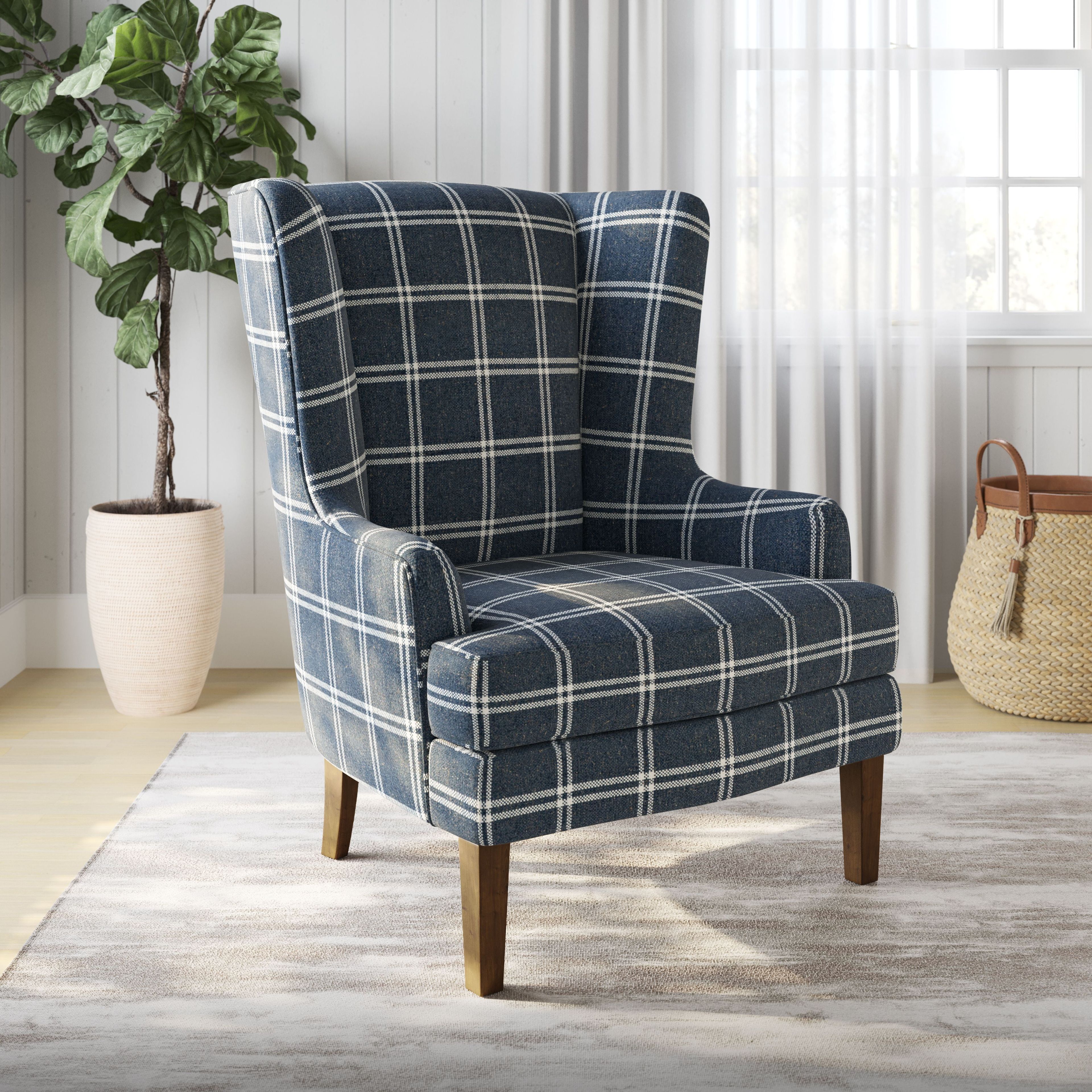 Navy Plaid Transitional Wingback Accent Chair with Wood Frame