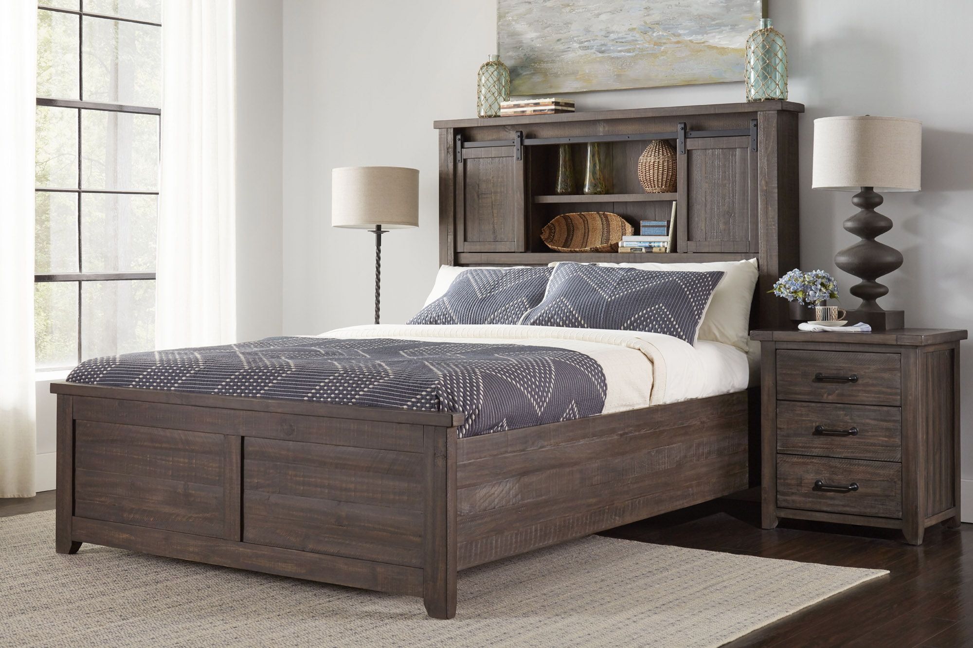 Rustic Reclaimed Pine Queen Bookcase Bed with Barn Door Headboard