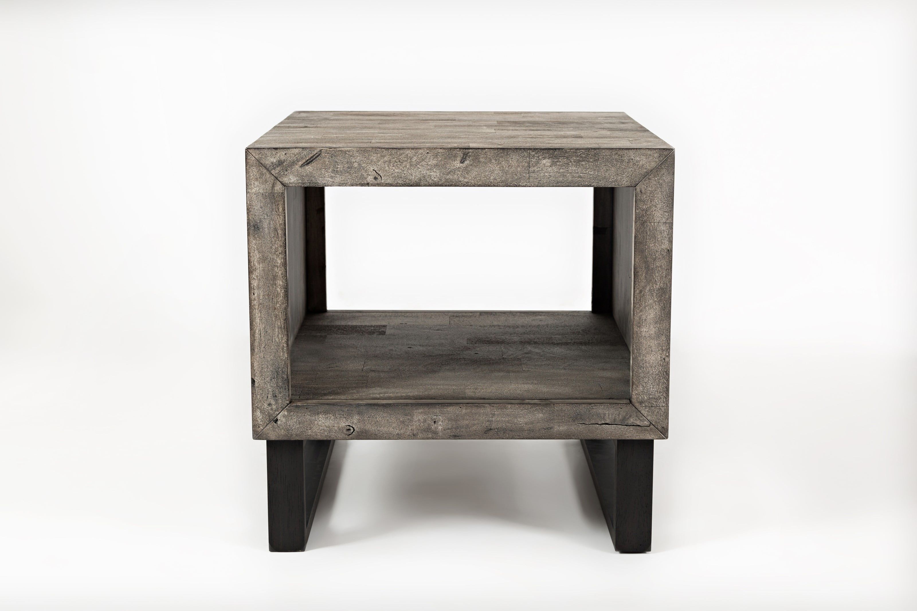 Modern Distressed Gray Solid Wood & Metal Square End Table