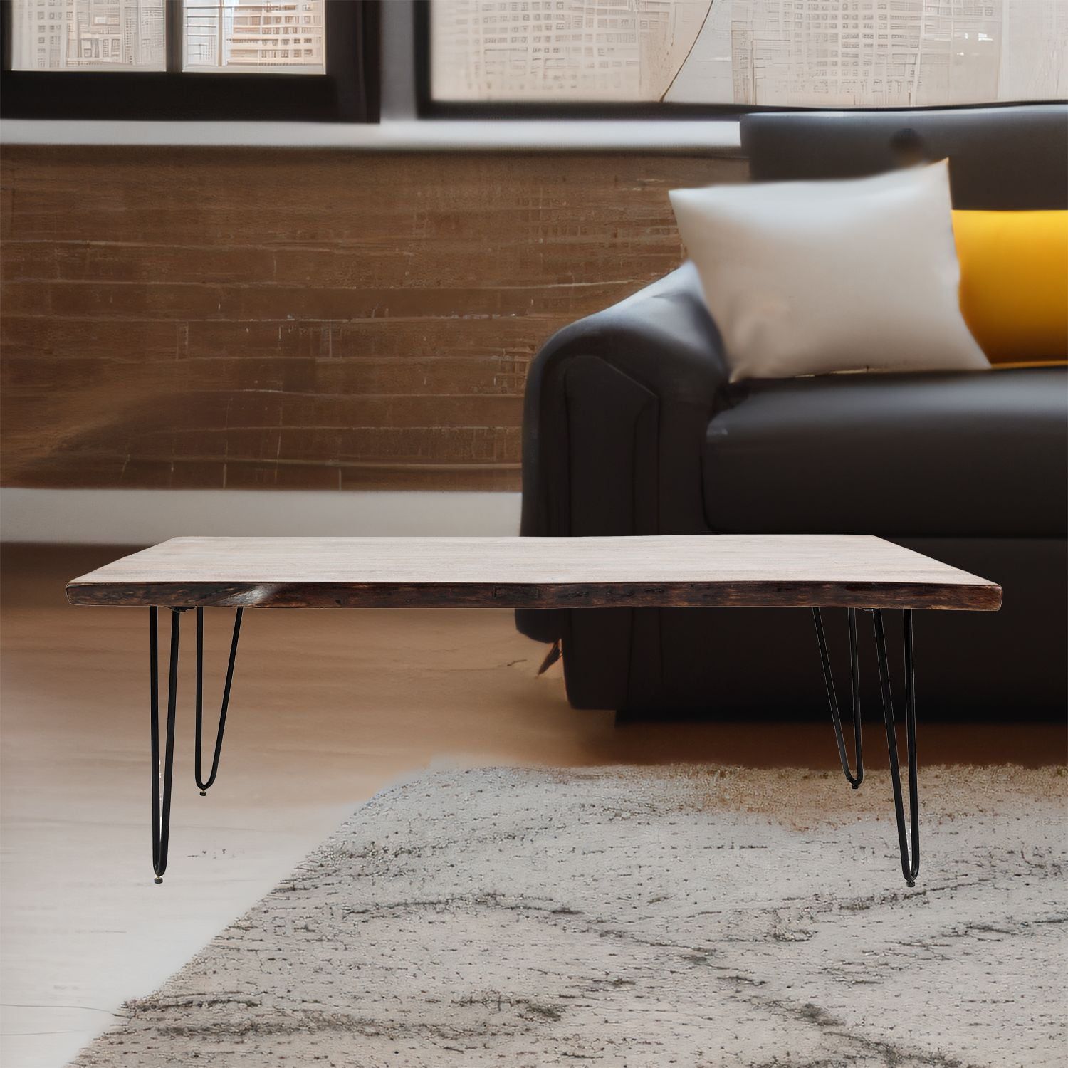 Transitional Acacia Wood Coffee Table with Sleek Metal Legs