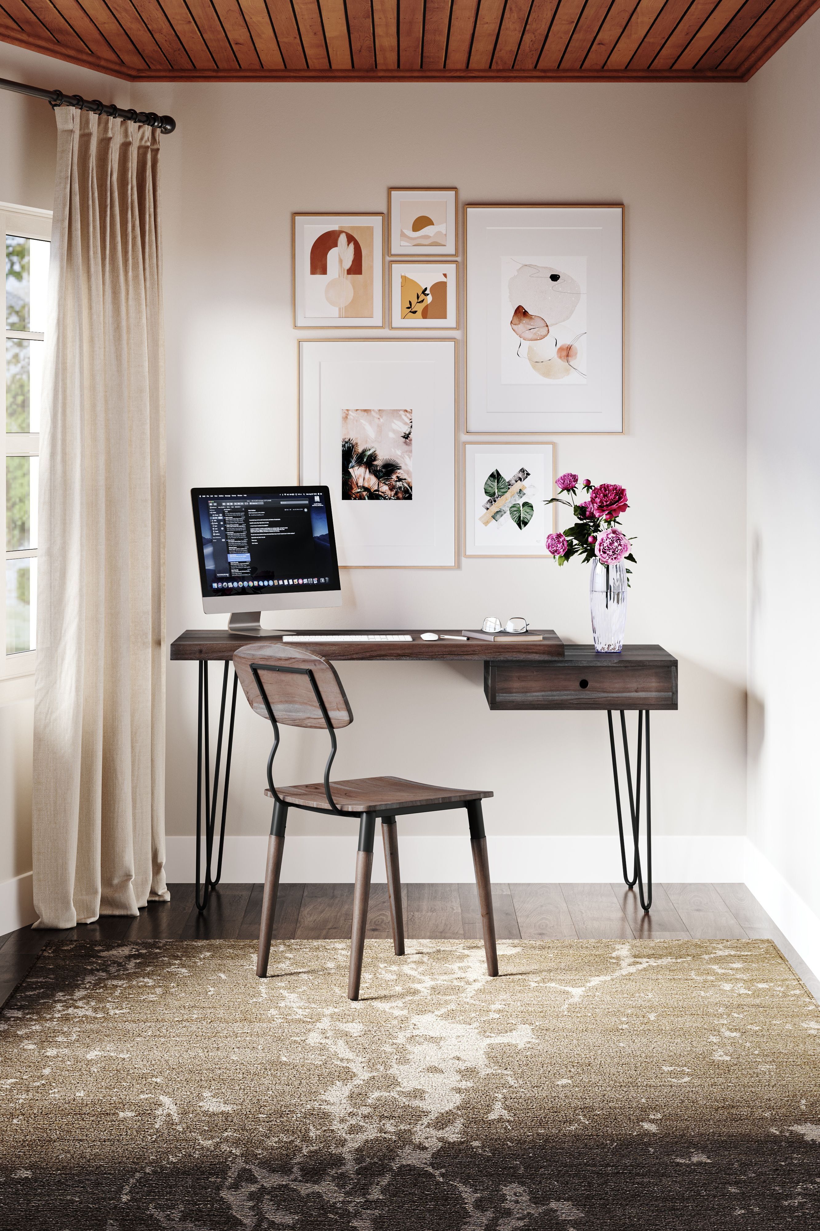 Slate Acacia Wood Desk with Drawer and Hairpin Legs