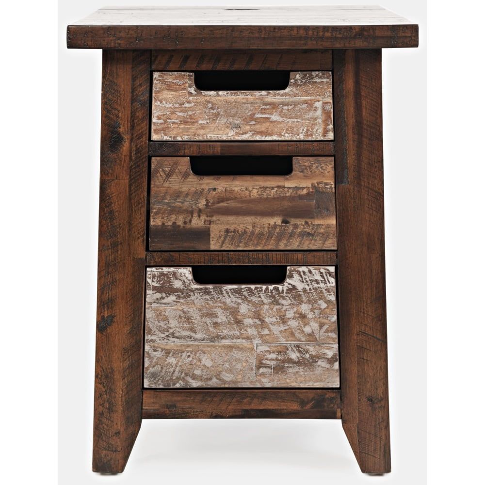 Rustic Brown Acacia Wood Rectangular End Table with Storage