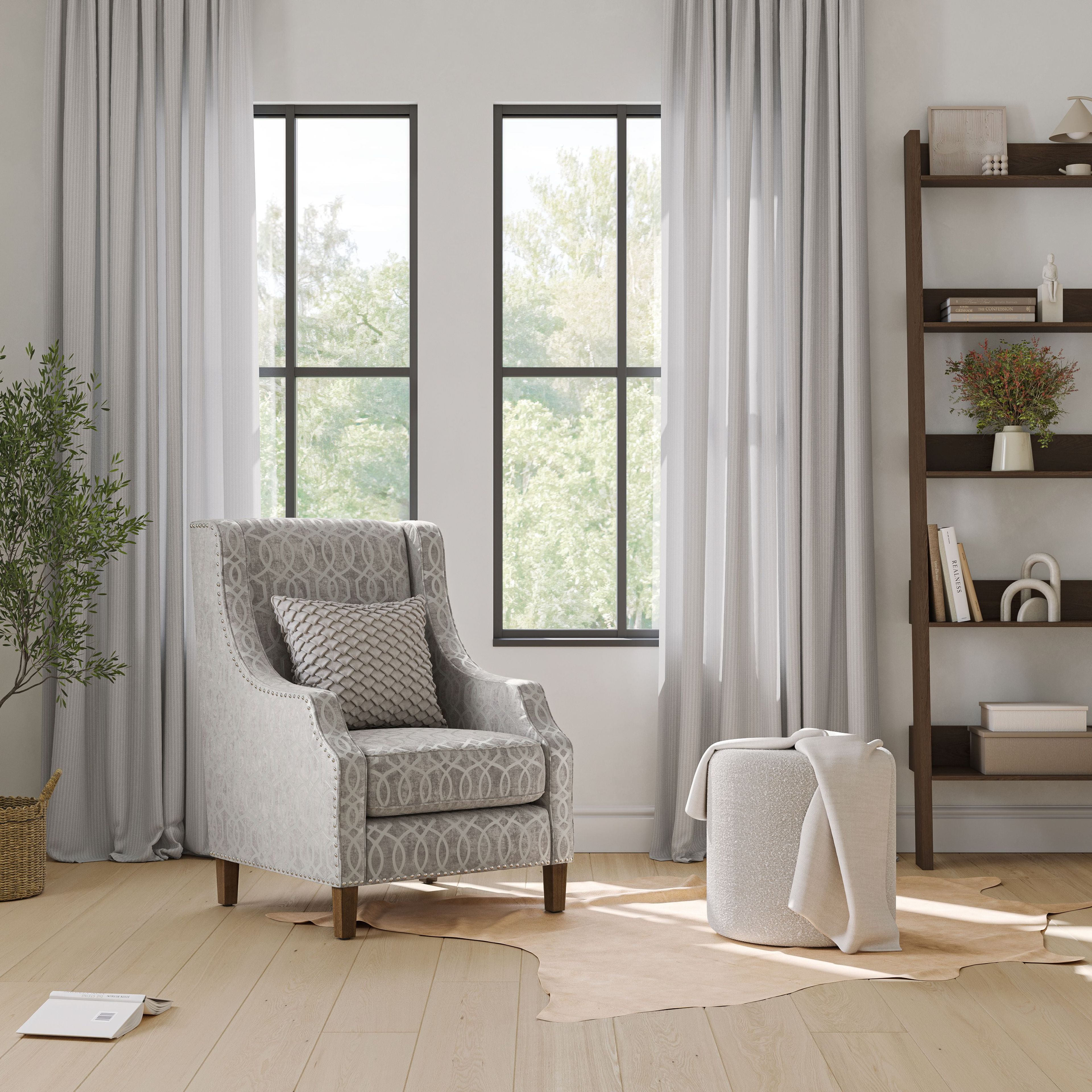 Dove Grey Velvet Geometric Accent Armchair with Wood Legs