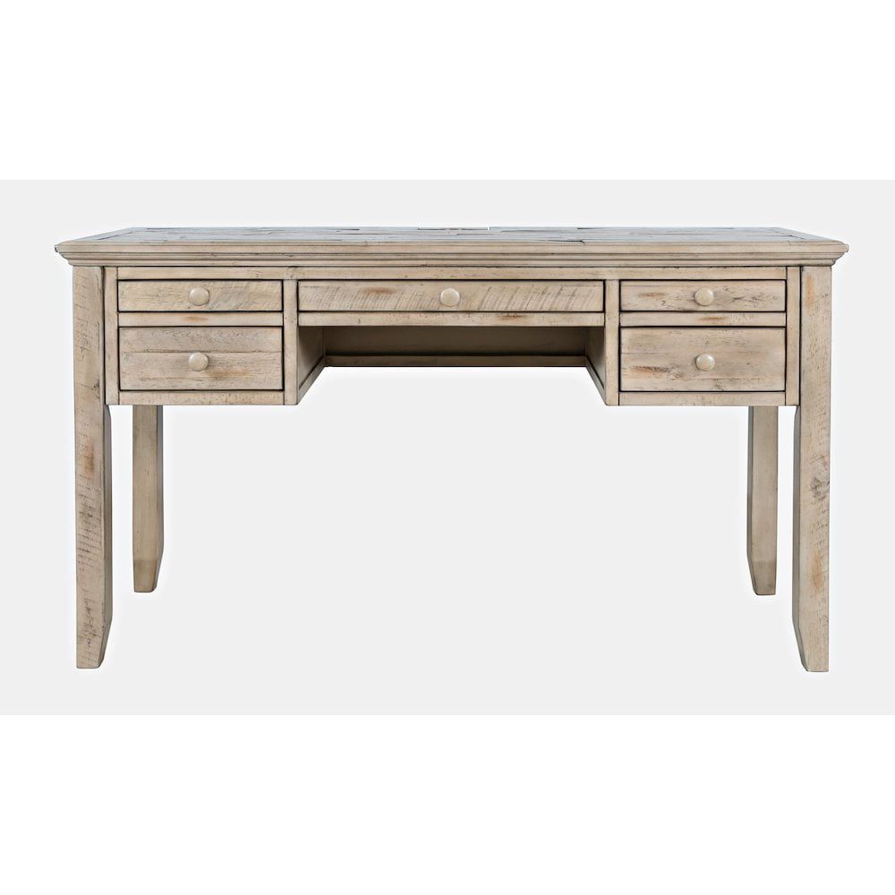 Weathered Gray Rustic Wood Desk with USB Ports and Drawer