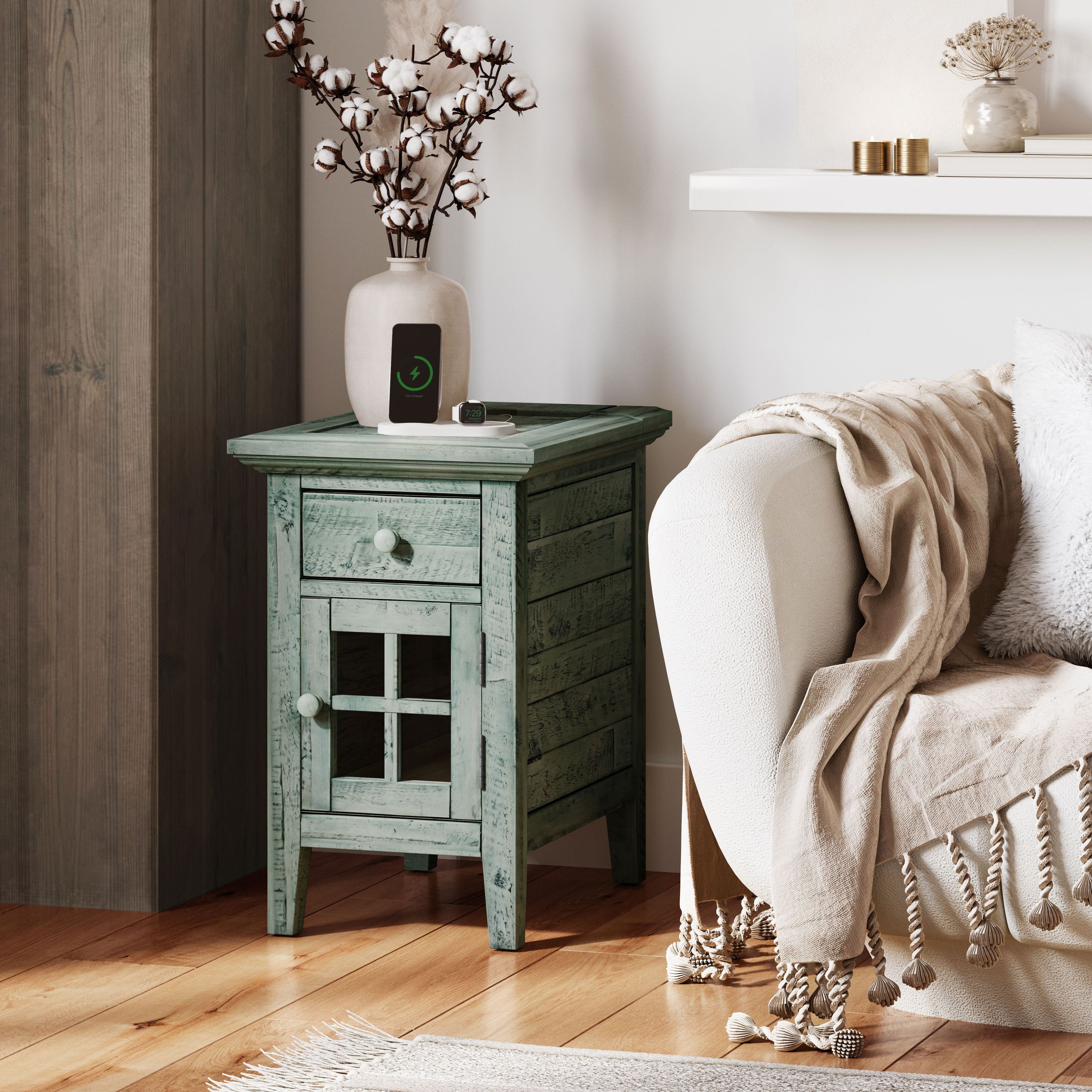 Surfside Blue Wood and Glass End Table with Storage