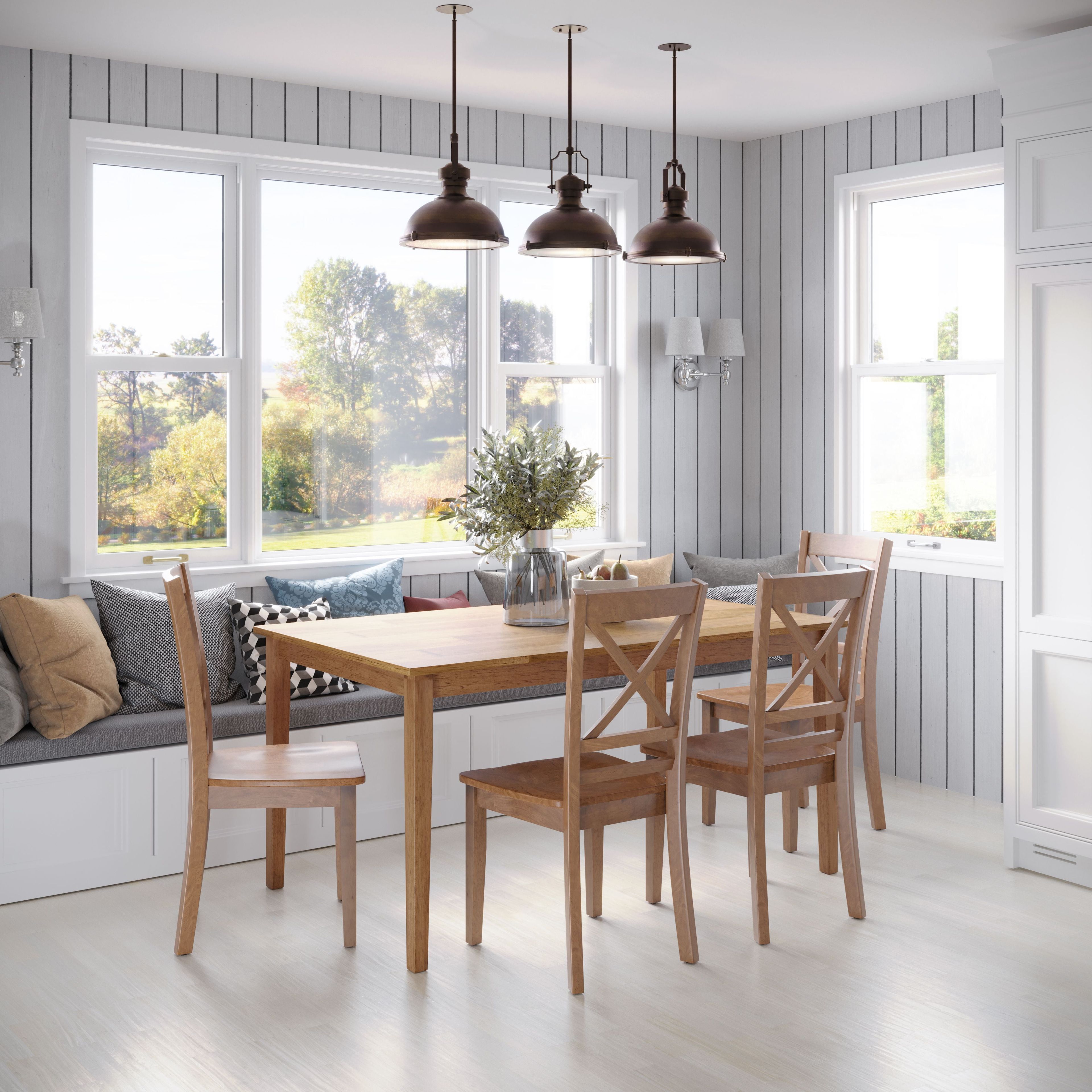 Transitional Flared Leg Solid Rubberwood Dining Table in Brown