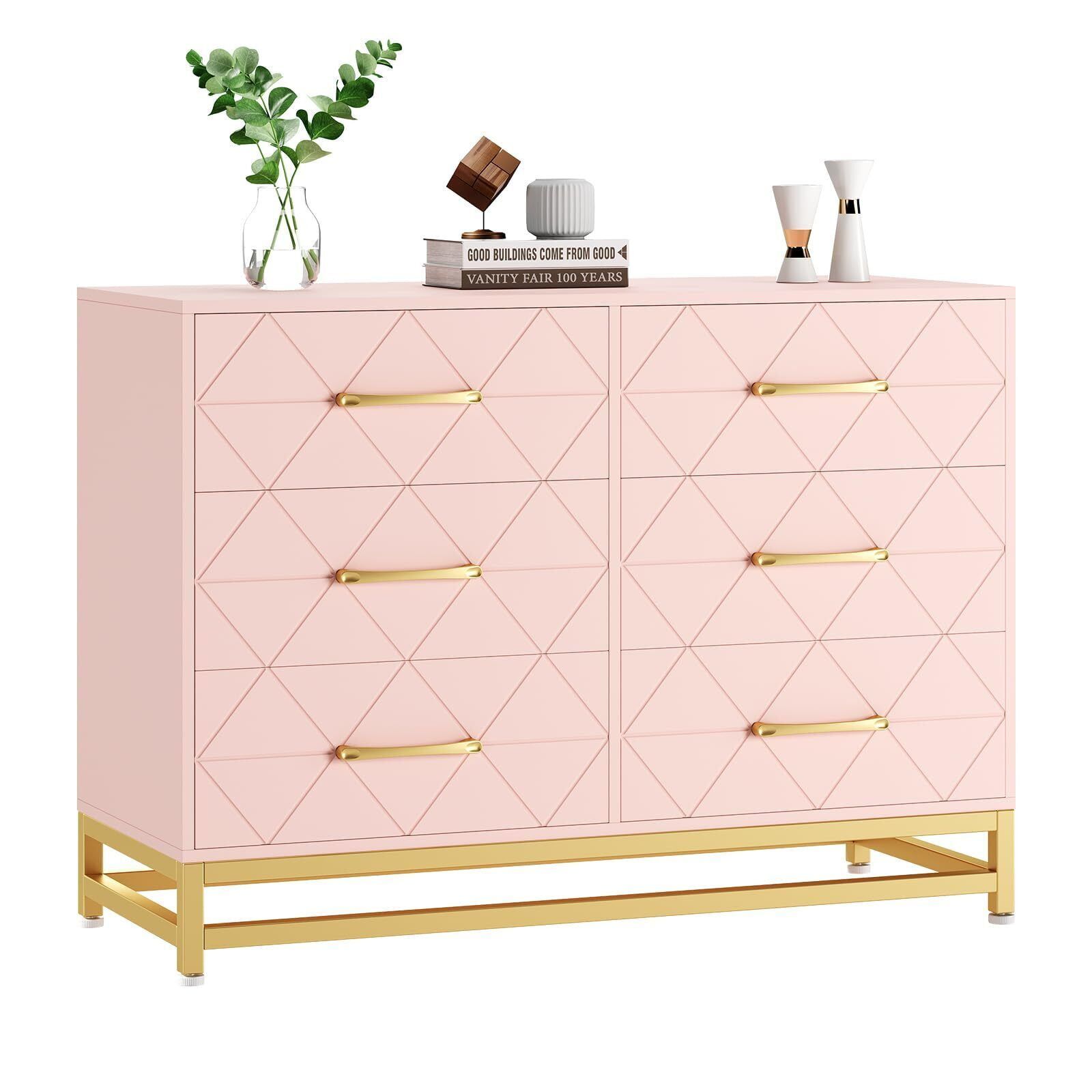 Pink Bohemian 6-Drawer Double Dresser with Gold Accents