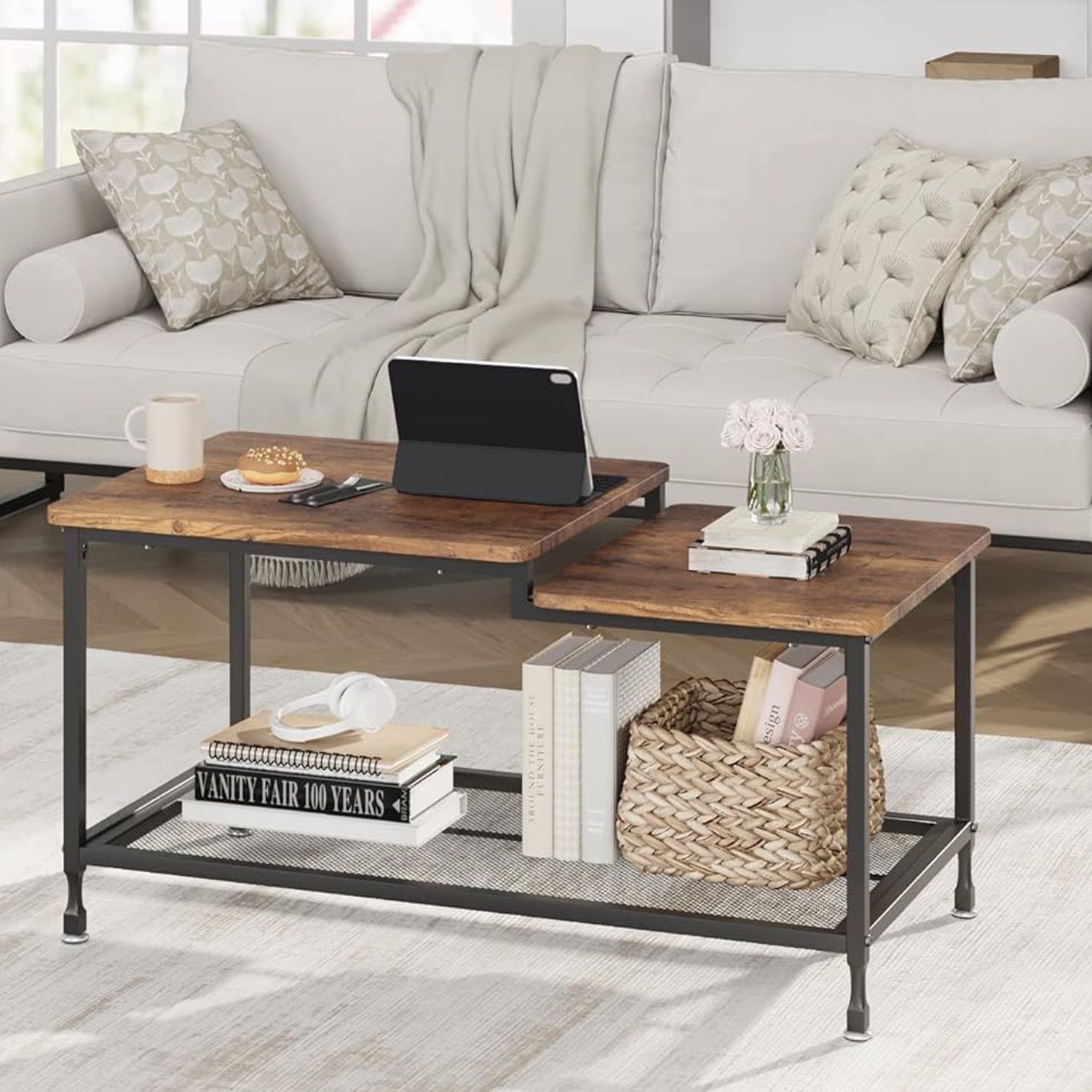 Rustic Brown Rectangular Wood Coffee Table with Metal Frame and Storage