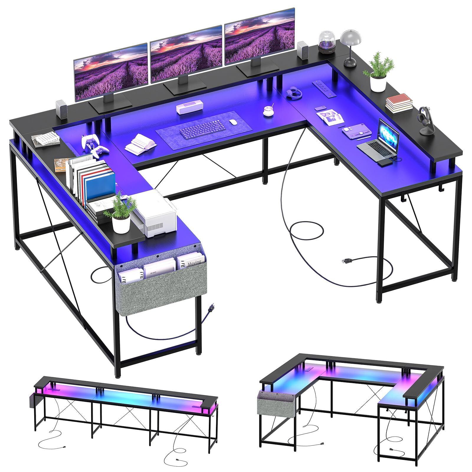 Black U-Shaped Computer Desk with LED Lights and Monitor Stand