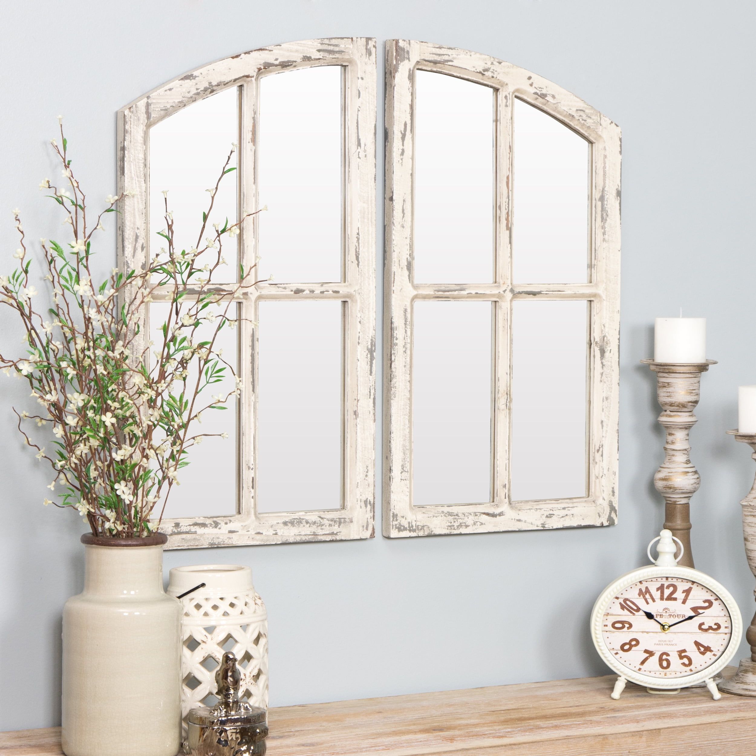 Rustic Off-White Wooden Arched Window Pane Mirror Set 27" x 15"