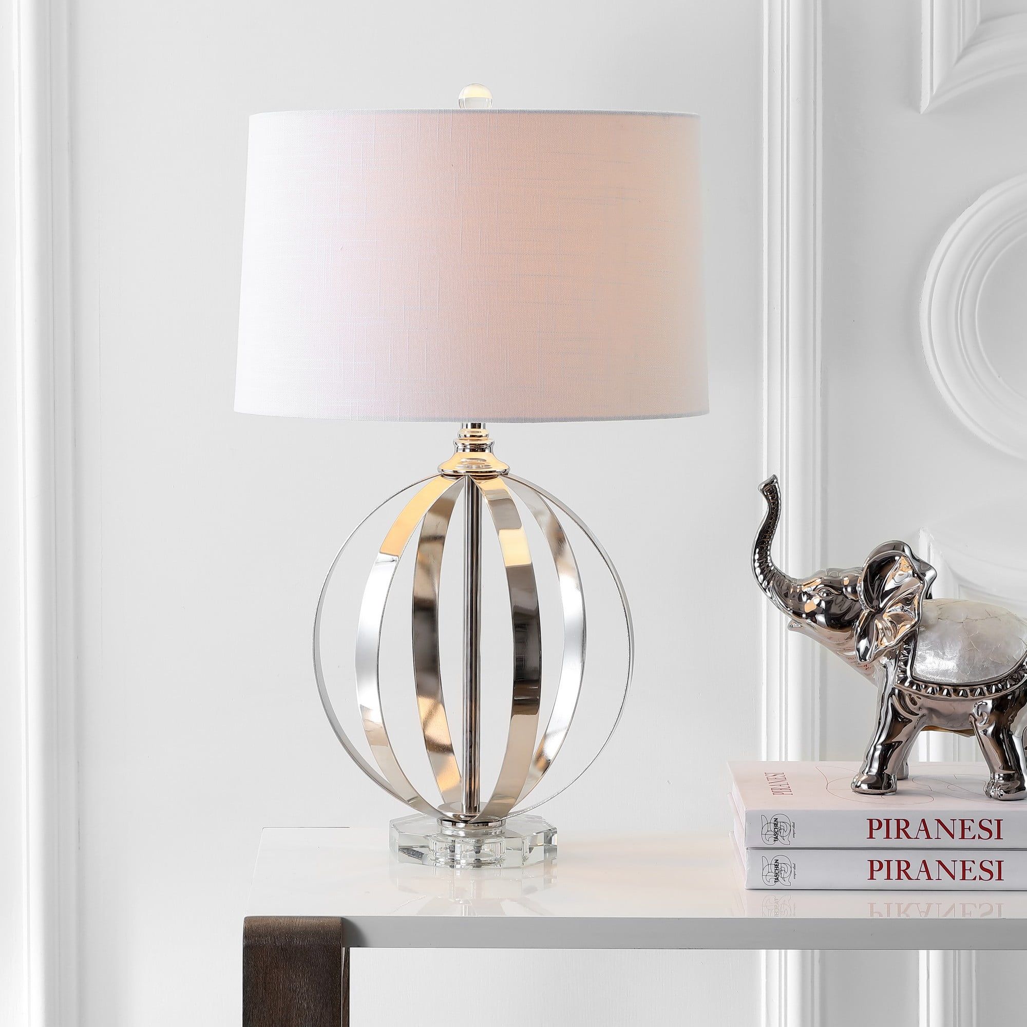 Polished Nickel Orb Table Lamp with White Linen Shade