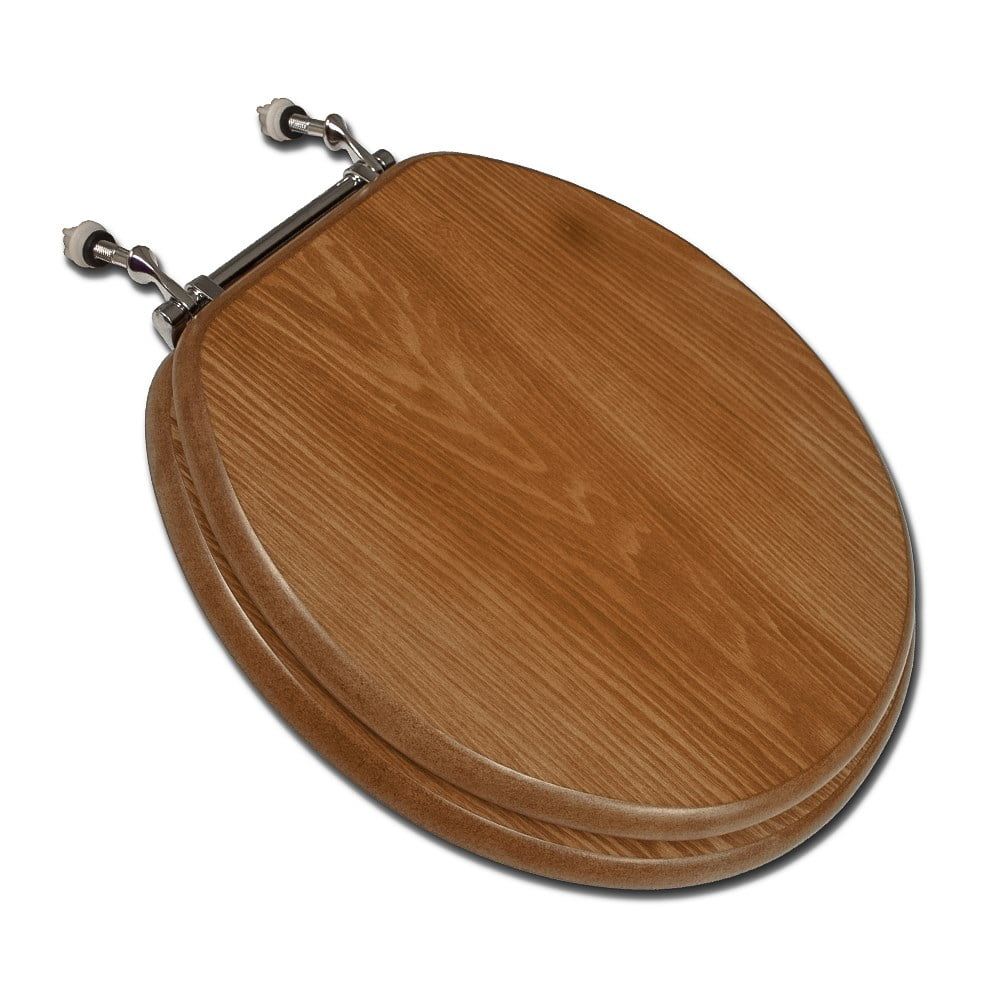 Round Dark Brown Oak Toilet Seat with Chrome Hinges