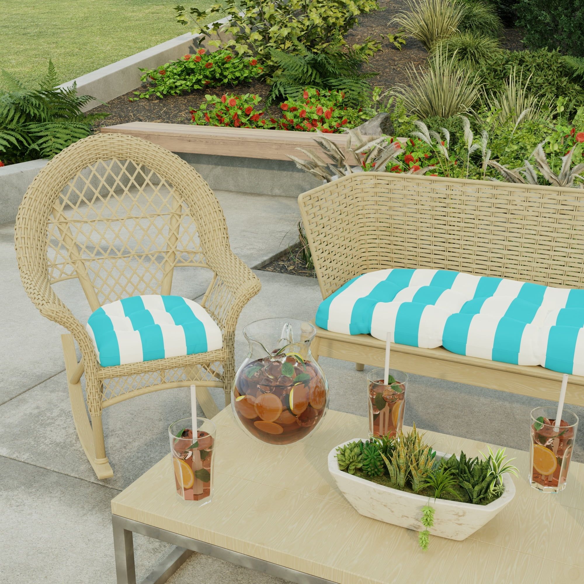 Turquoise Stripe Tufted Outdoor Wicker Seat Cushions, 19" x 19" (Set of 2)