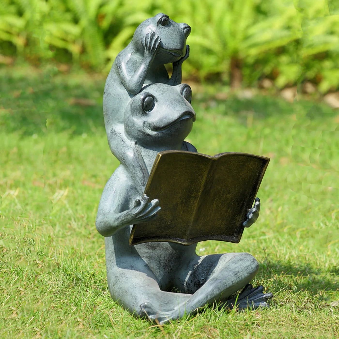 Cast Aluminum Parent and Child Frog Reading Sculpture