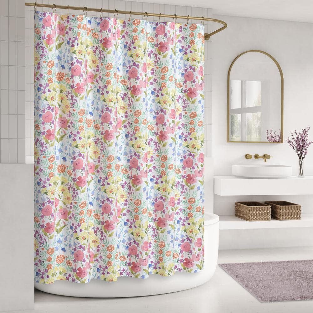 Josie Turquoise Floral Polyester Shower Curtain