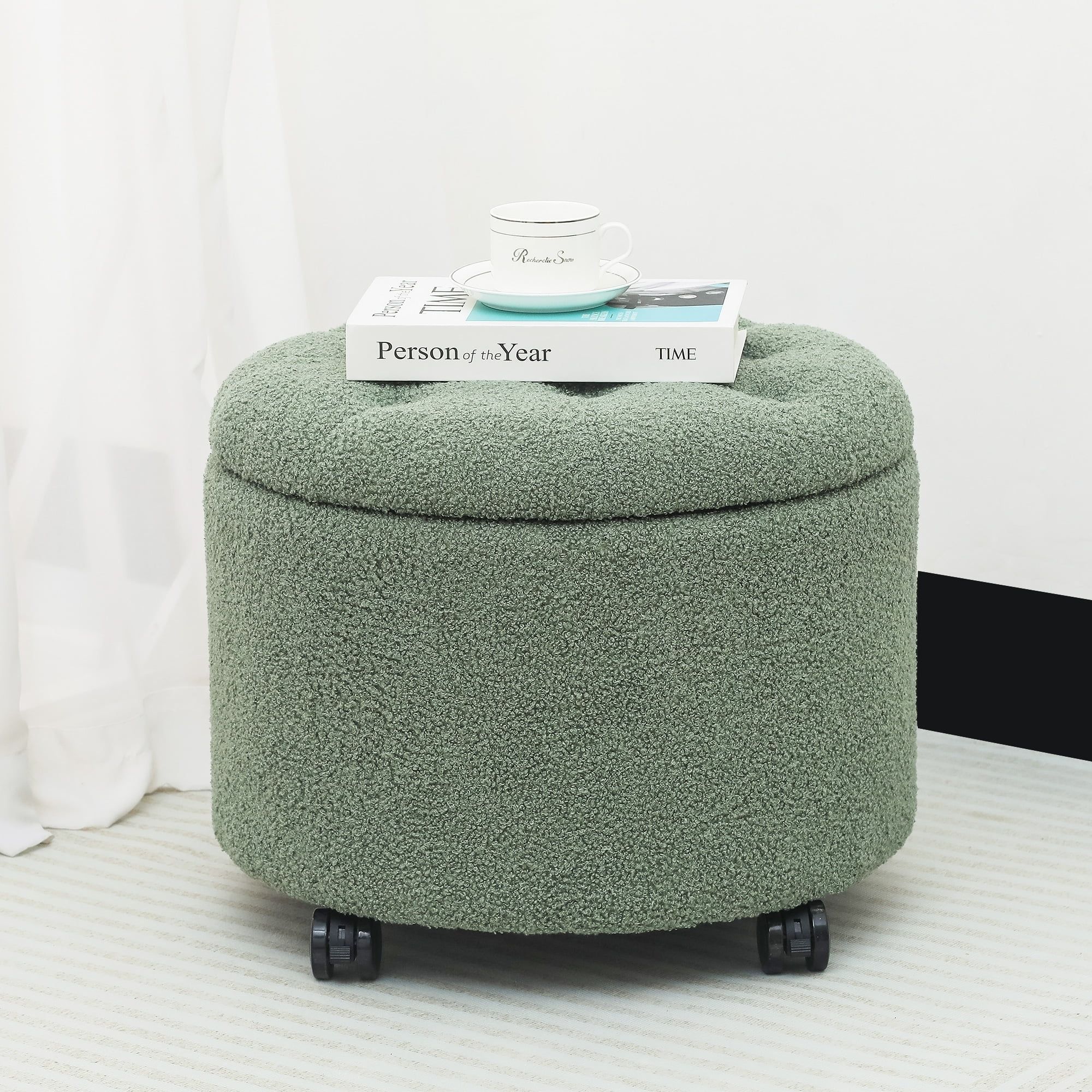 Light Green Teddy Fleece Round Storage Ottoman with Wheels