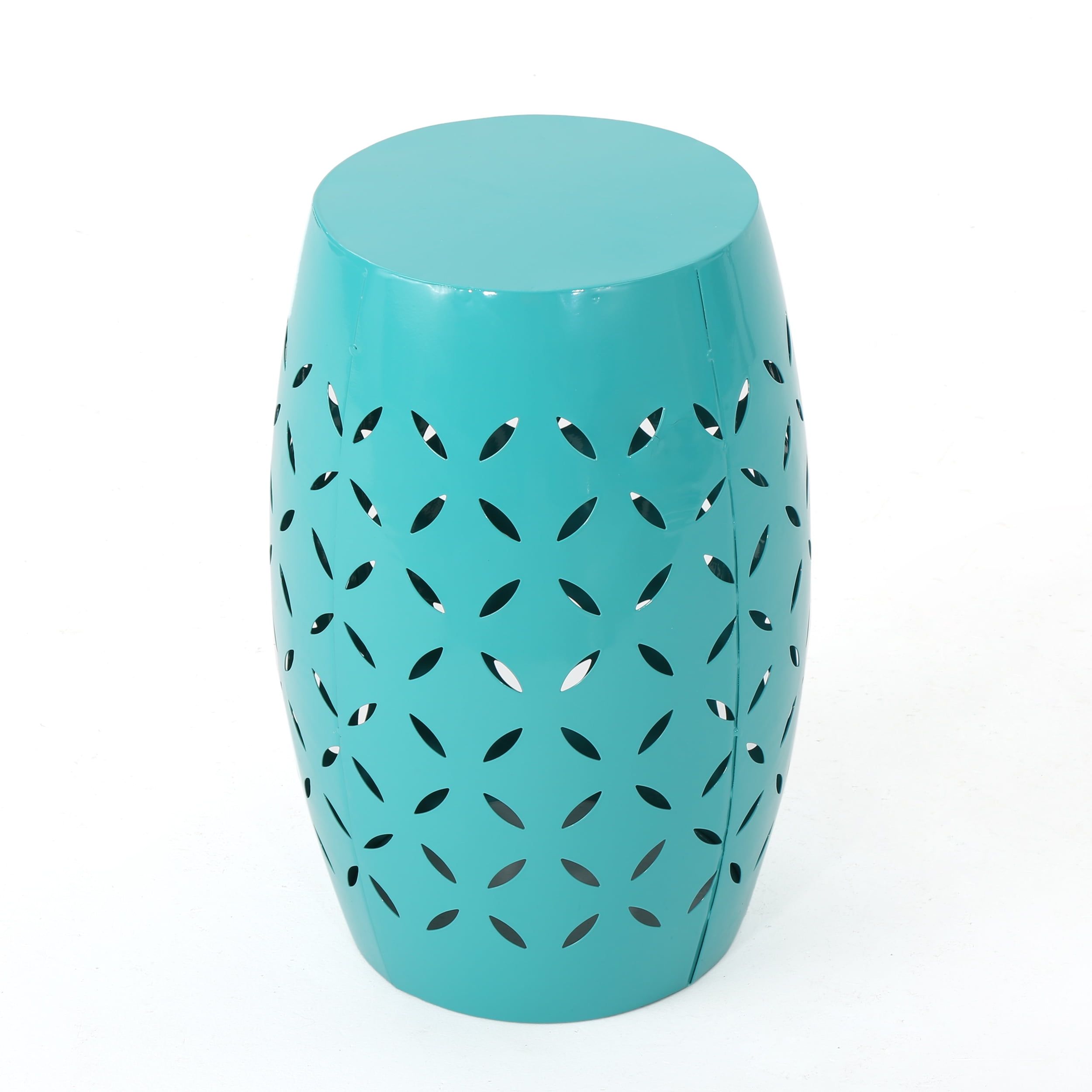 Teal Metal Lace Cut Barrel Accent Table