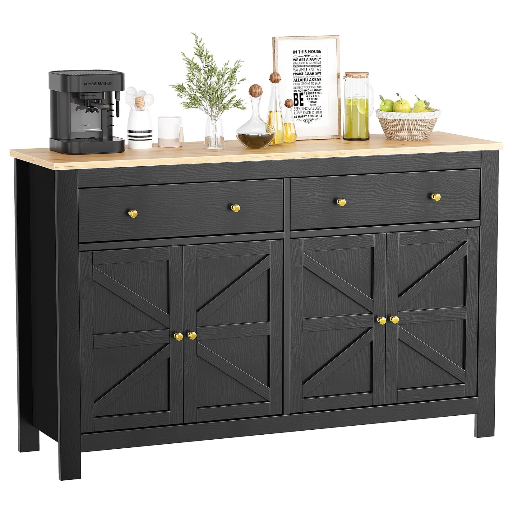 Black 55" Modern Farmhouse Buffet Sideboard Cabinet with Drawers