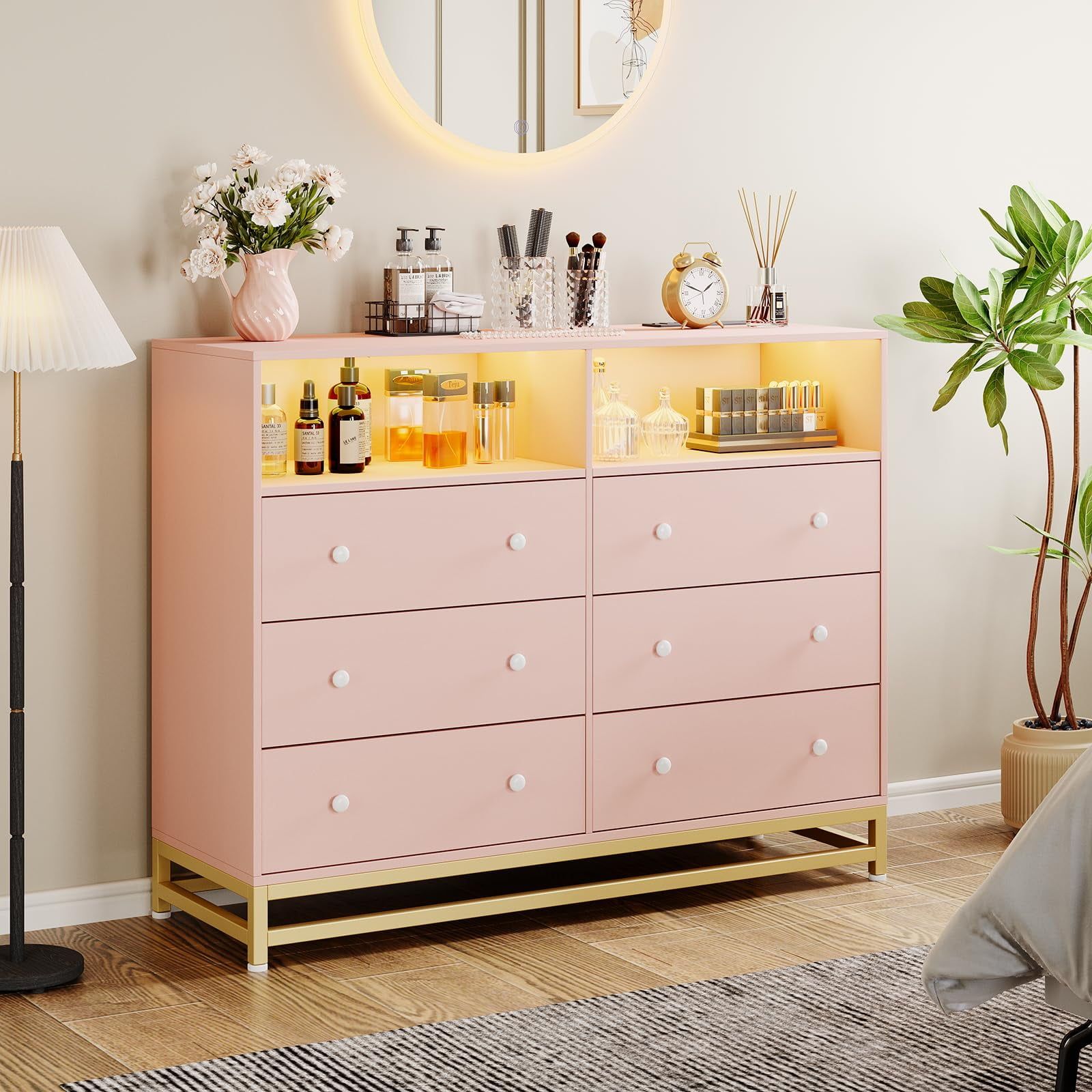 Pink Wide Dresser with LED Lights and Charging Station