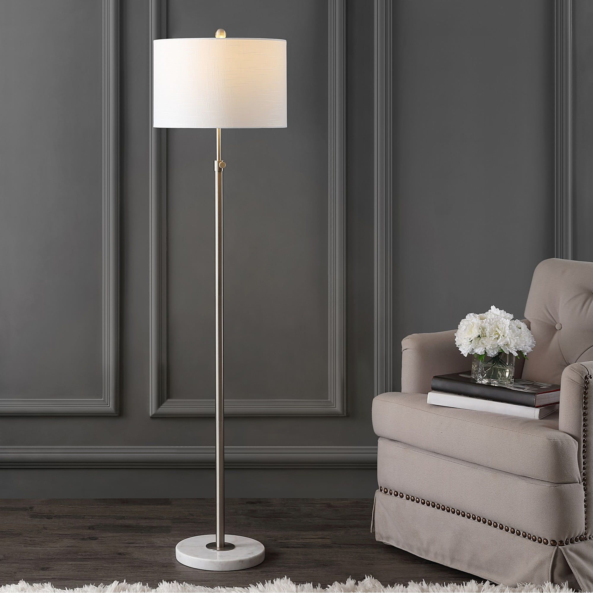 June 66" Chrome Arc Adjustable LED Floor Lamp with White Linen Shade