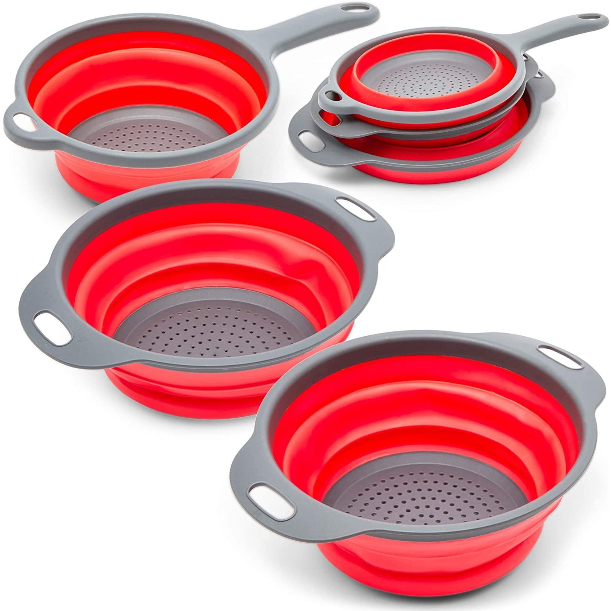 Red Collapsible Rubber Colander Set with Handles, 3-Pack