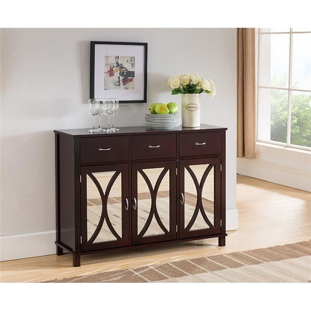 Espresso Wood 3-Door 3-Drawer Mirrored Storage Cabinet