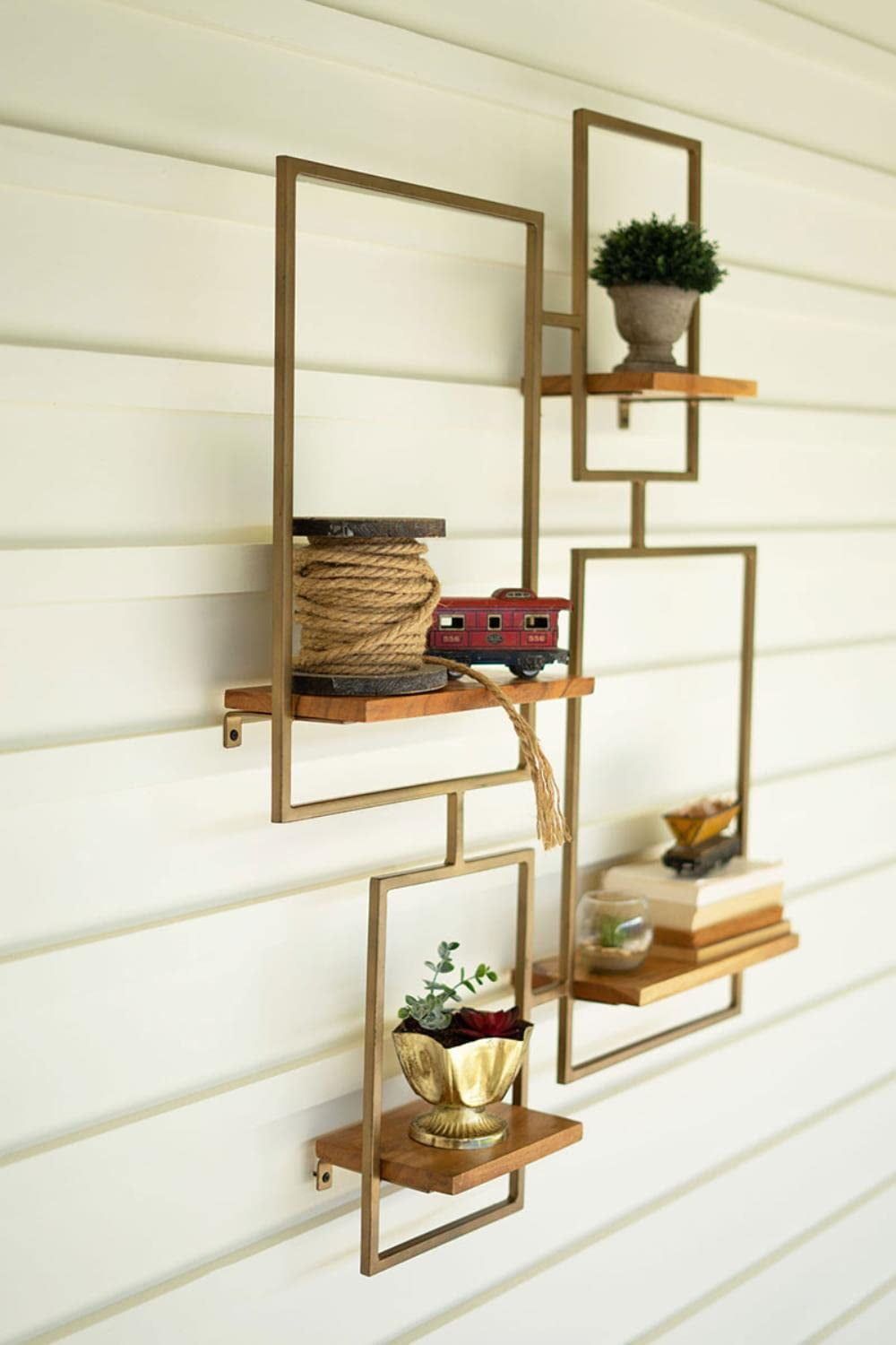 Contemporary Iron and Wood 4-Shelf Wall Unit