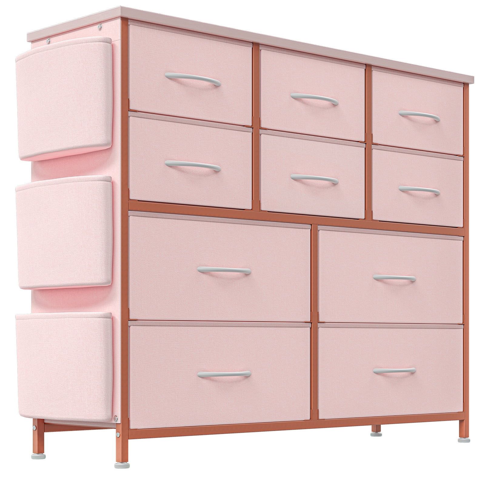 Pink Vertical 10-Drawer Fabric Nursery Dresser with Light Wood Frame